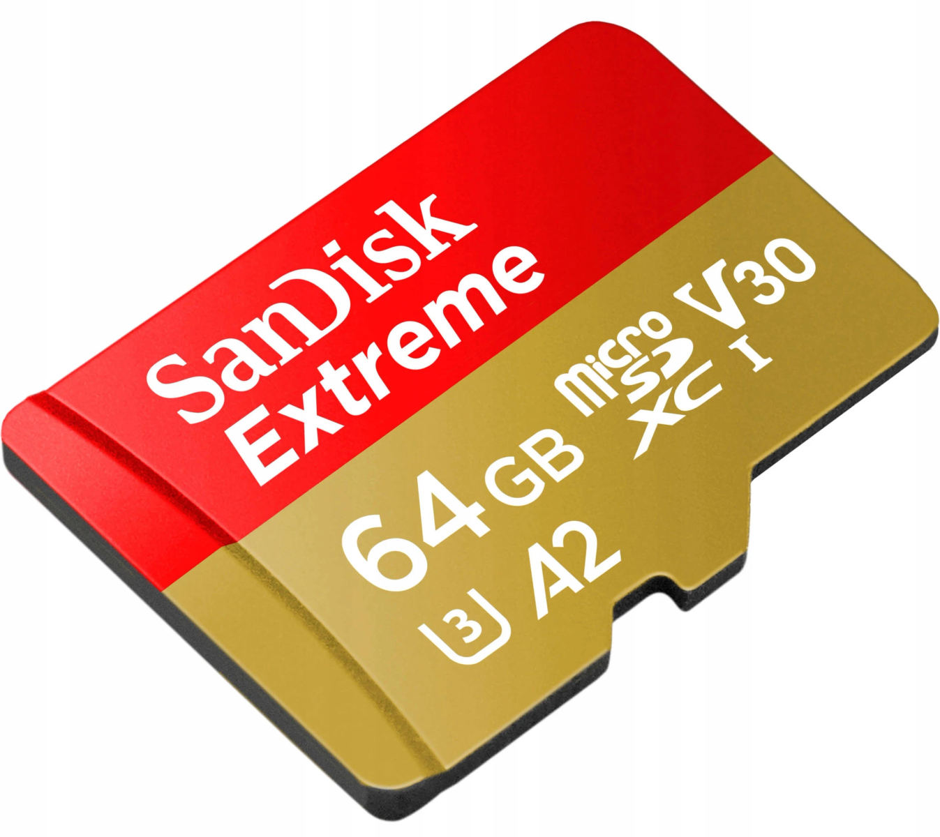 Rote und goldene SanDisk Extreme microSD-Karte. Sie liest '64 GB' und 'XC I'.
