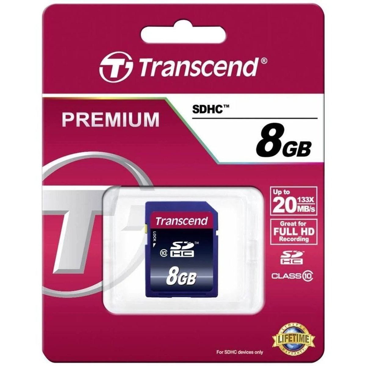 SDHC 8GB memory card in a red and white package.