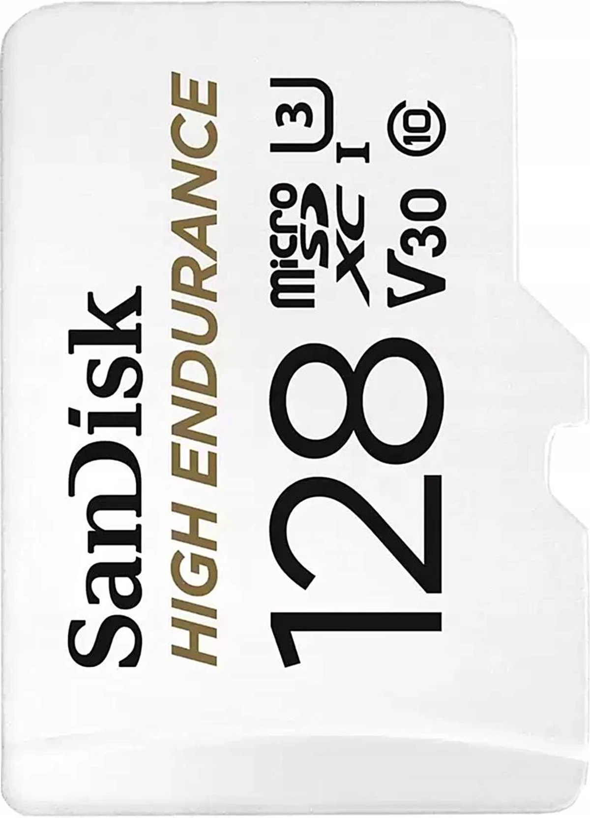Biało-czarna karta SD SanDisk z tekstem "128" i innymi informacjami.