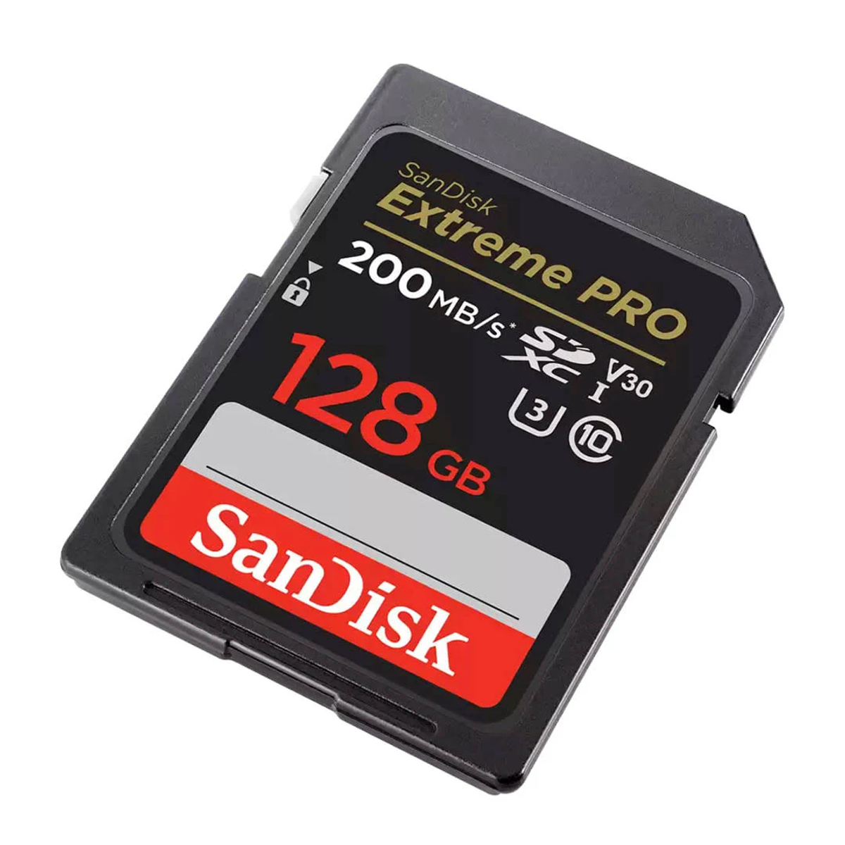 Karta SD SanDisk Extreme PRO 128GB na białym tle, czarna obudowa, czerwona etykieta.