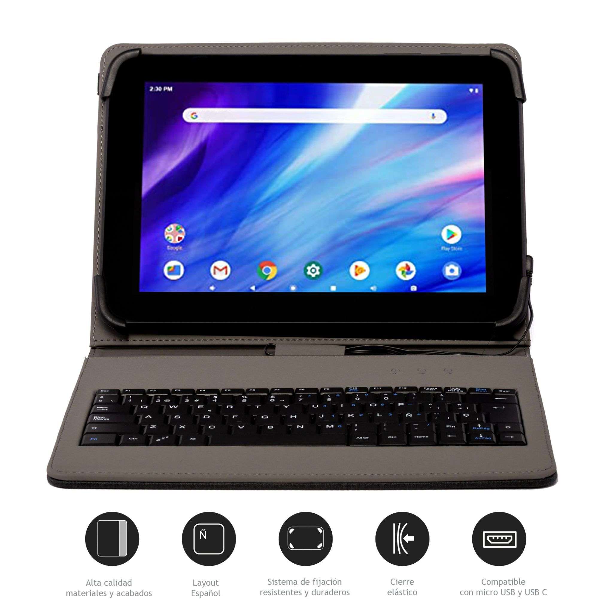 Una tableta con funda de teclado. La pantalla muestra una interfaz de Google. Fondo blanco.