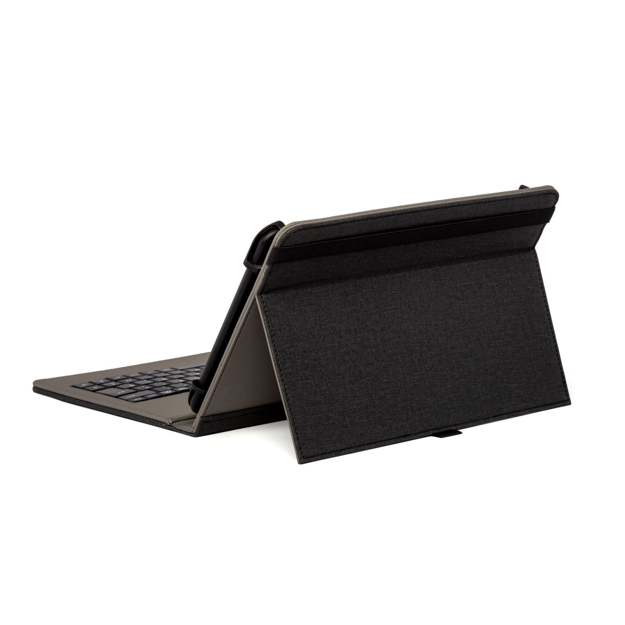 Tableta abierta con funda de teclado. La pantalla y el teclado son visibles, sobre fondo blanco.