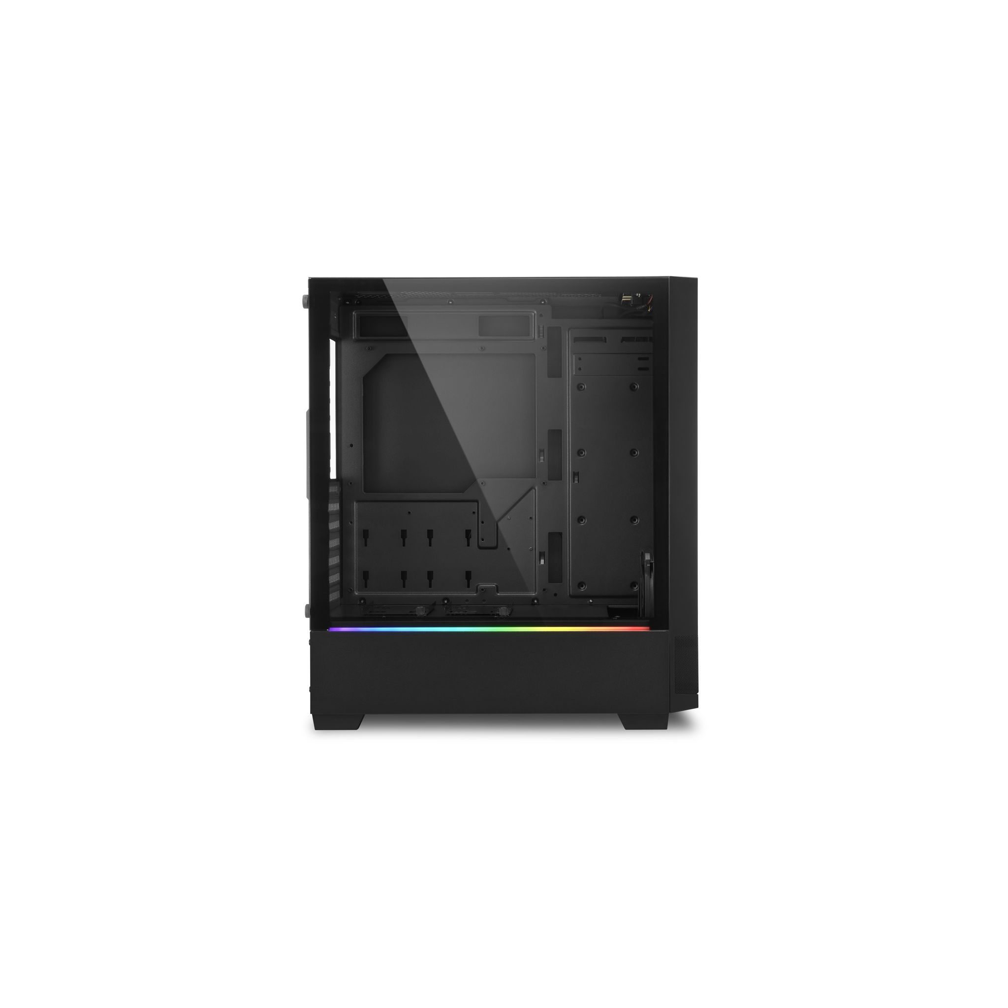 Ein schwarzes Computergehäuse mit Glasseitenwand. Es hat eine Regenbogen-LED-Beleuchtung und ist isoliert.