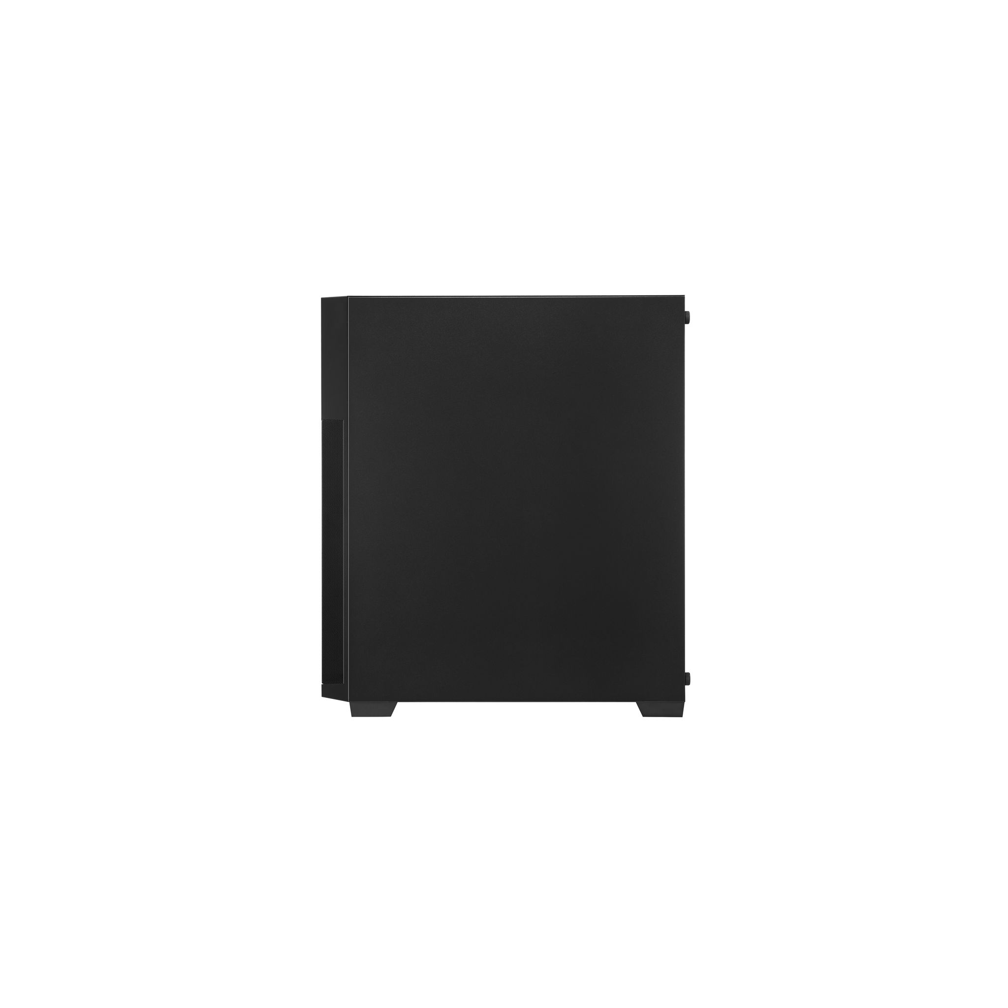Schwarzes Computergehäuse, Seitenansicht. Weißer Hintergrund.