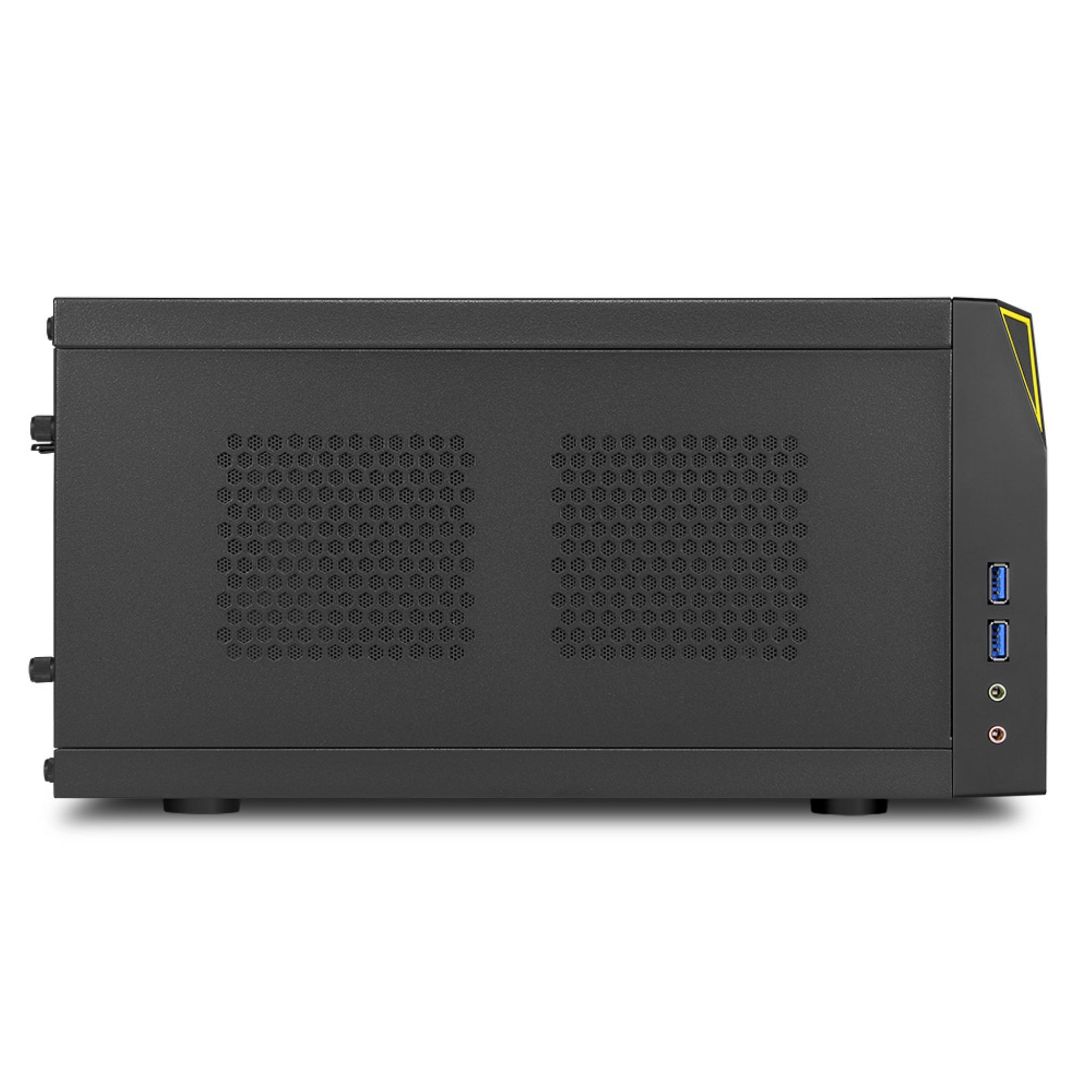 Schwarzes Computergehäuse mit Lüftungslöchern und zwei USB-Anschlüssen an der Vorderseite.