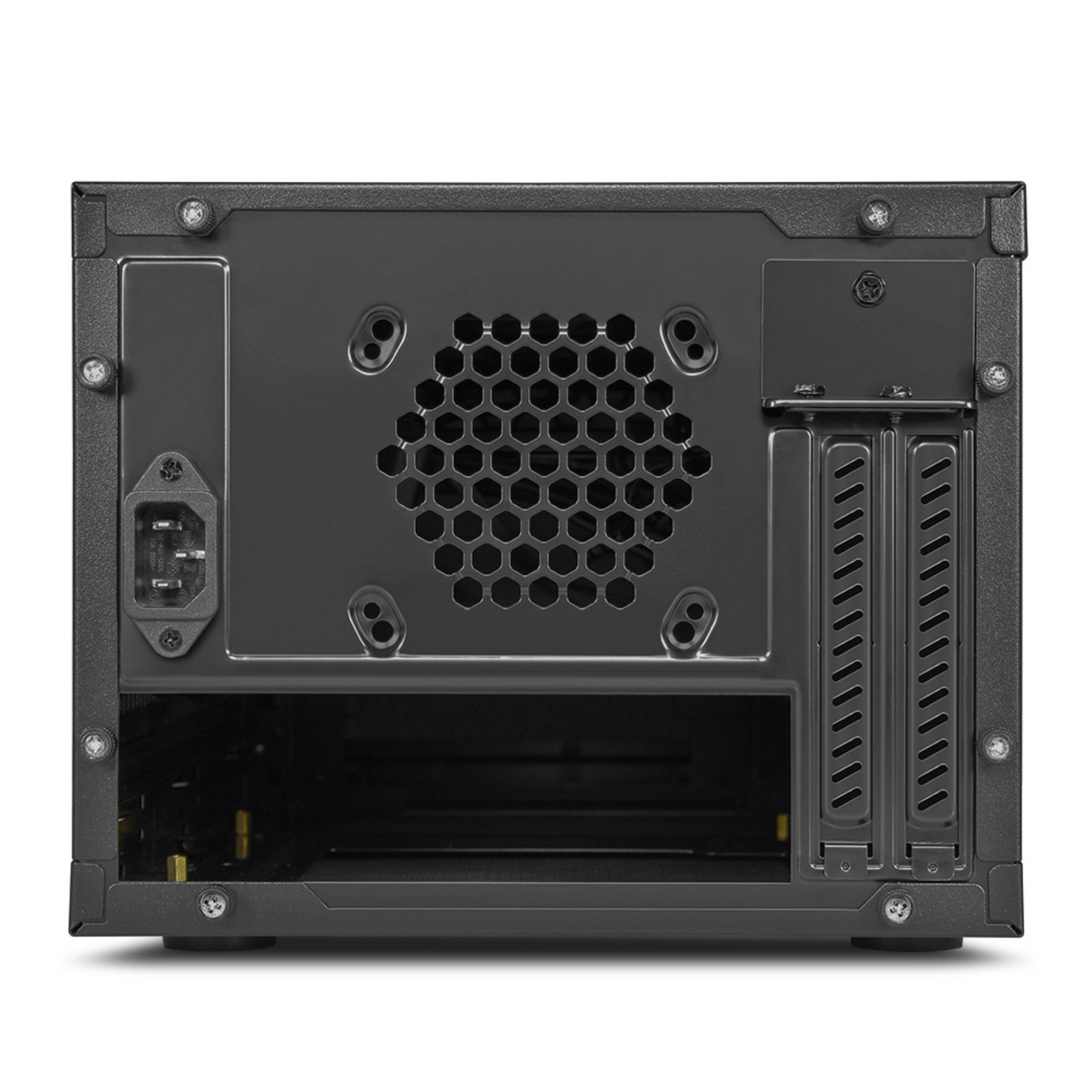 Schwarzes Computergehäuse, Rückansicht. Merkmale umfassen einen Lüfter, Stromeingang und verschiedene Anschlüsse.