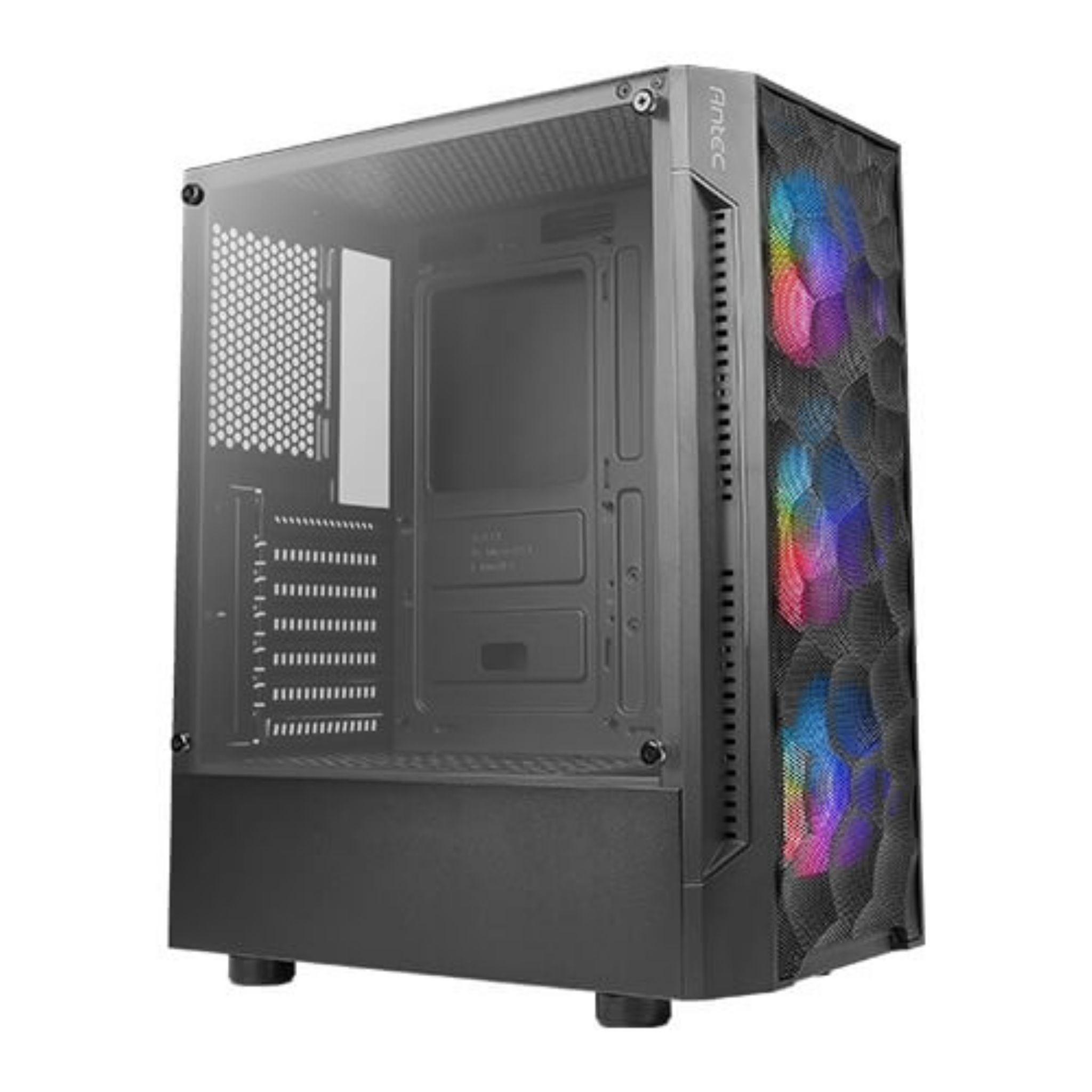 Case nero per computer con pannello laterale in vetro, interno aperto.