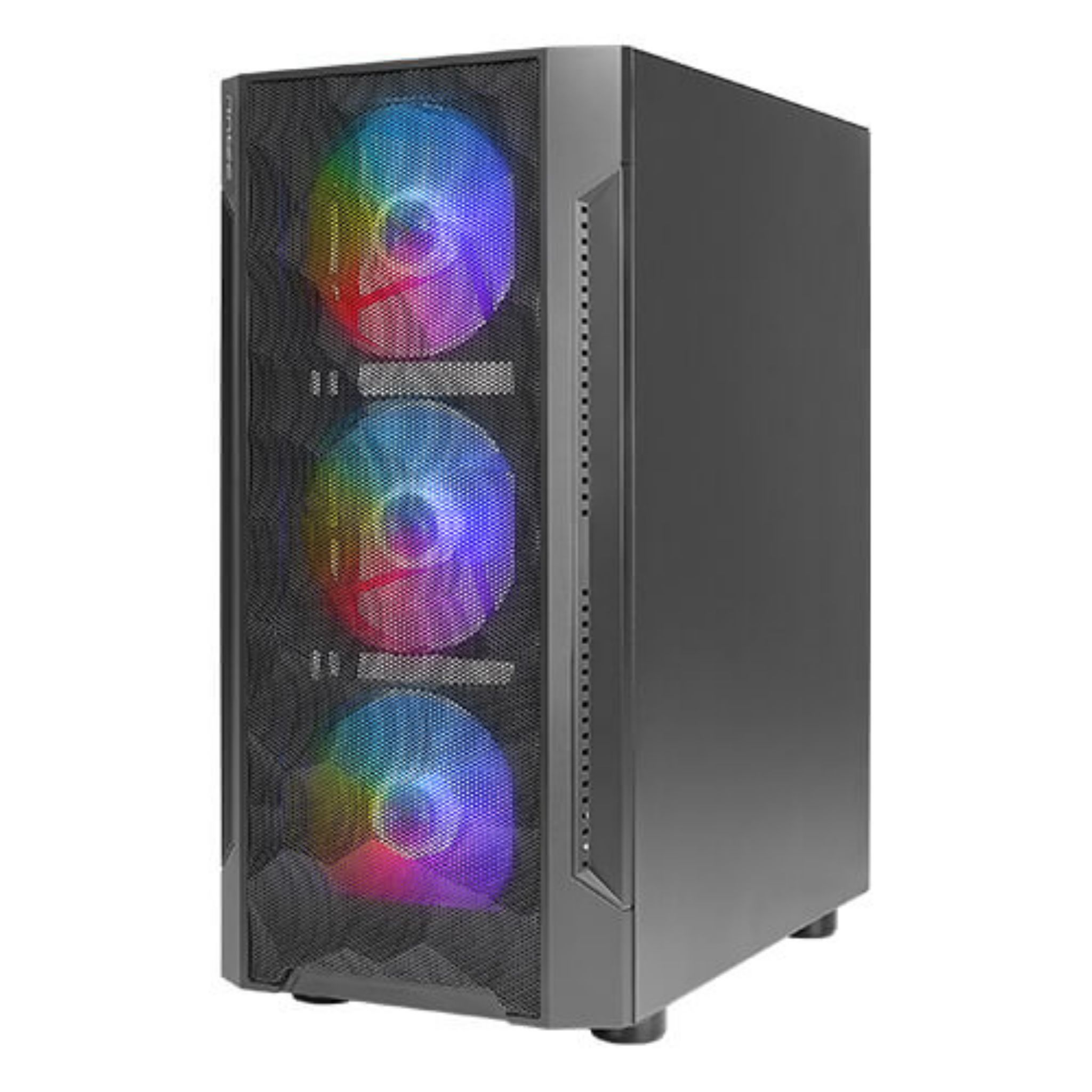 Case per computer nero con ventole RGB. La parte anteriore è a rete e presenta tre ventole visibili.