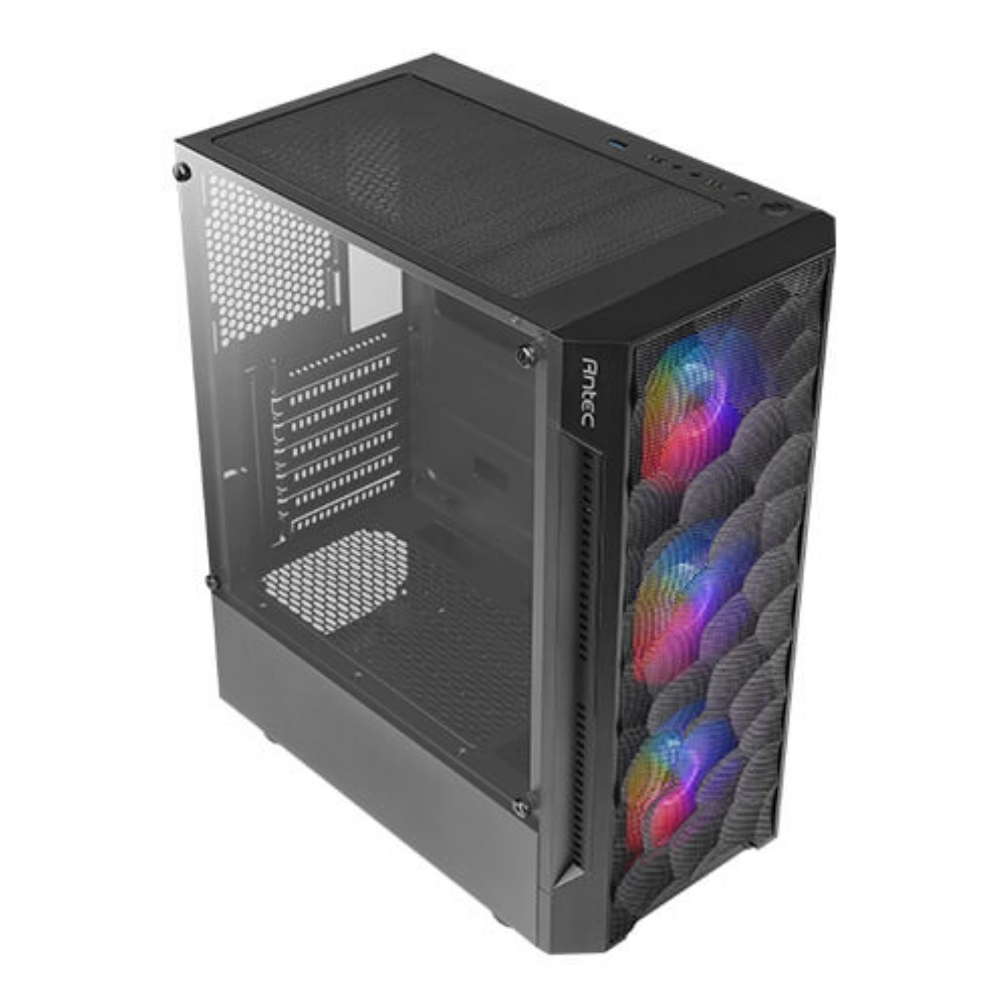Case per computer con pannello laterale in vetro, frontale a rete e illuminazione arcobaleno. Sfondo bianco.