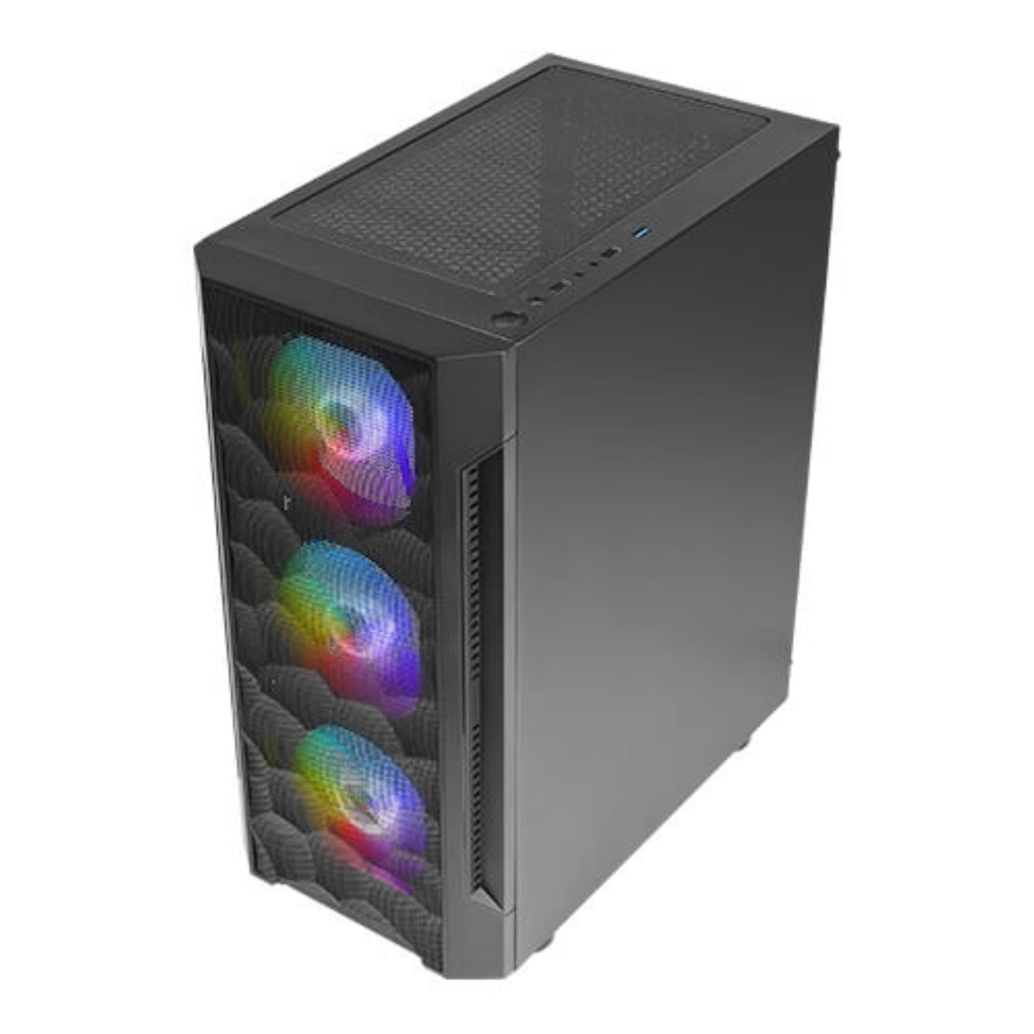 Un case per computer con frontale a rete, tre ventole RGB visibili e un design nero rettangolare.