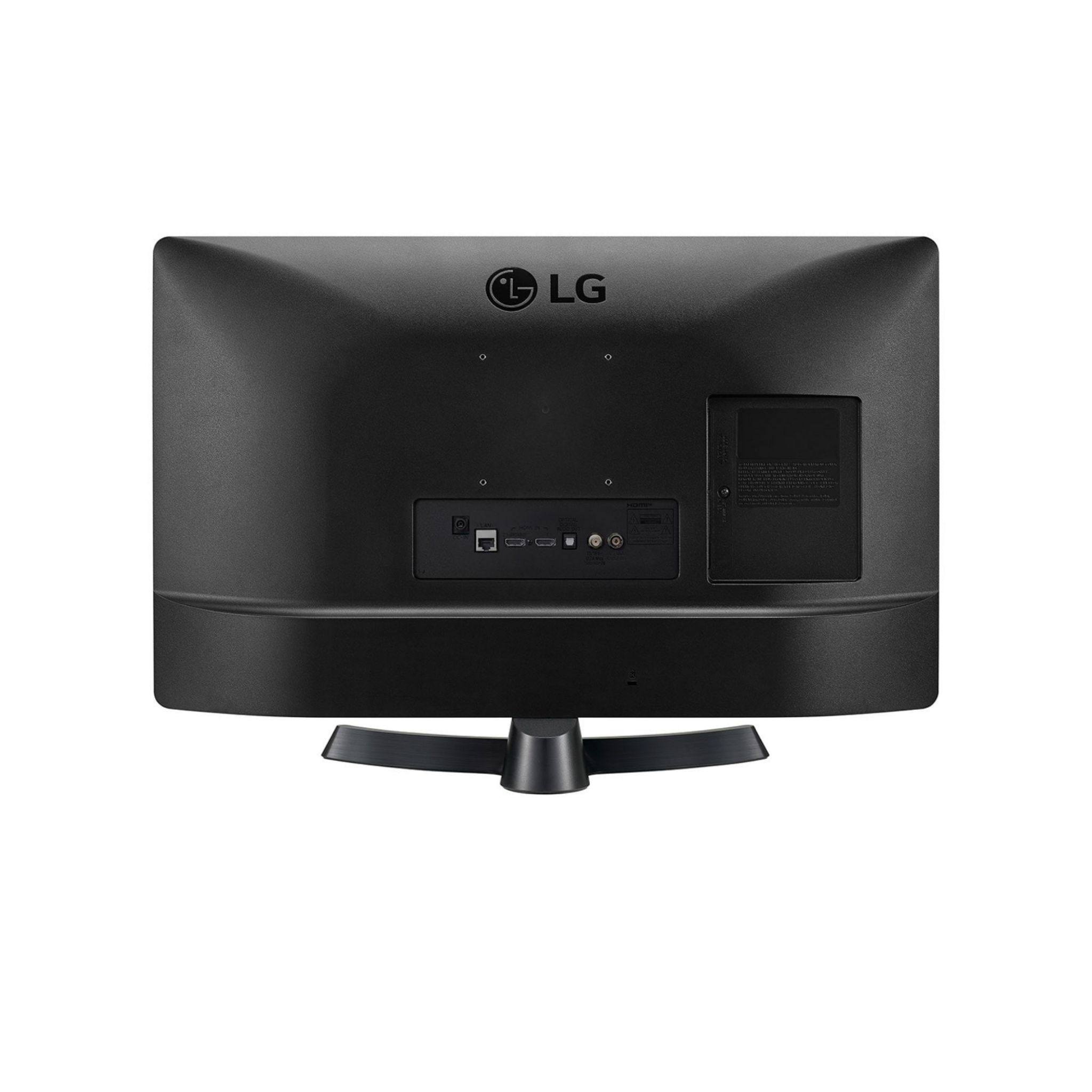 Retro di TV LG nero con porte e supporto su sfondo bianco.