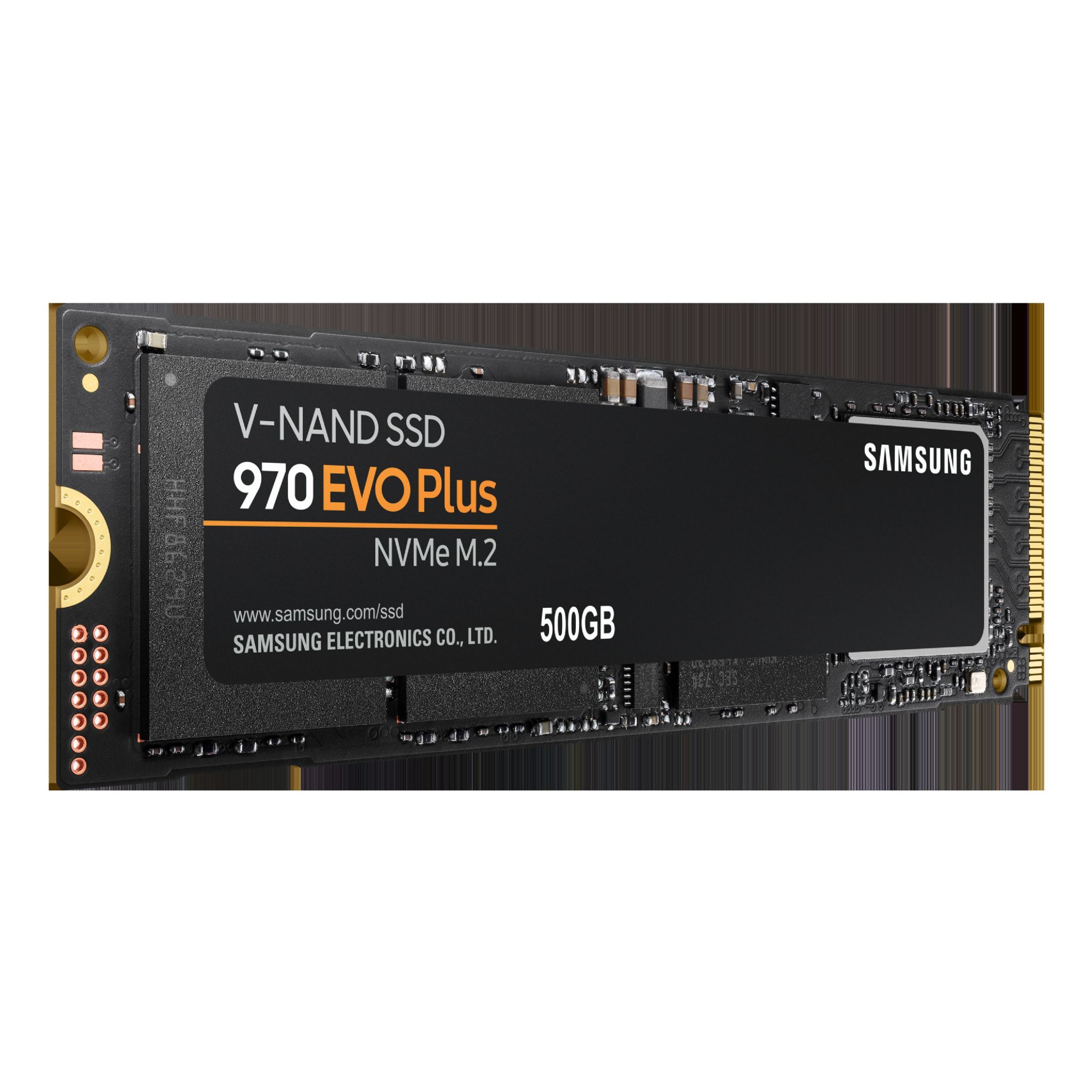 SSD NVMe M.2 Samsung 970 EVO Plus negra con texto blanco, información del producto y el logotipo de SAMSUNG.