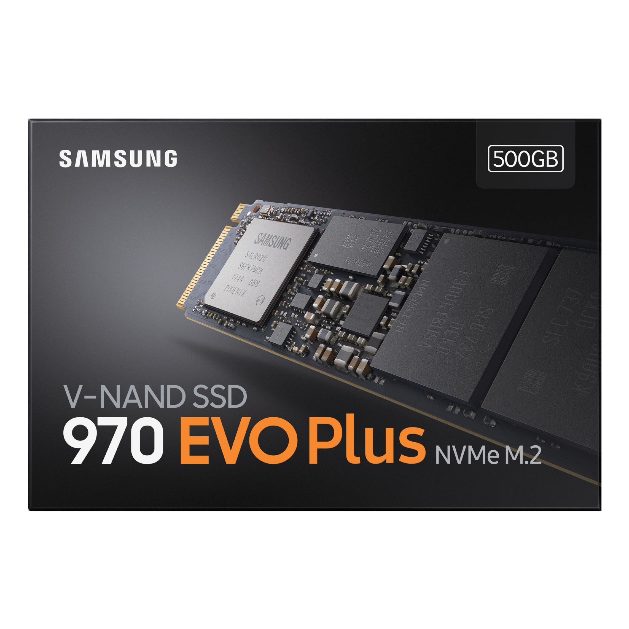 Disco duro SSD en una caja. La caja tiene el logotipo de Samsung y el nombre 970 EVO Plus.