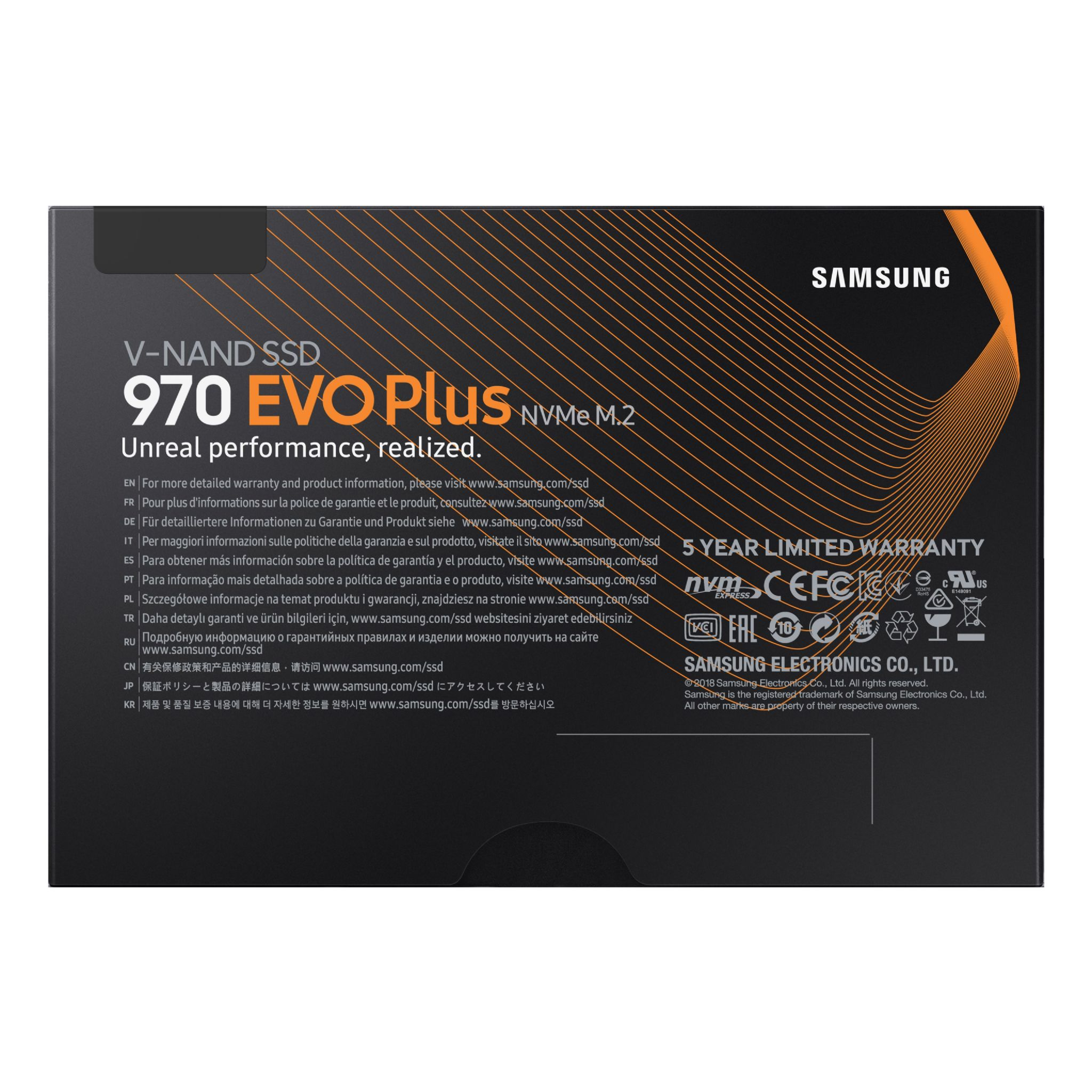 Embalaje SSD negro y gris. El texto dice 'V-NAND SSD 970 EVO Plus'.