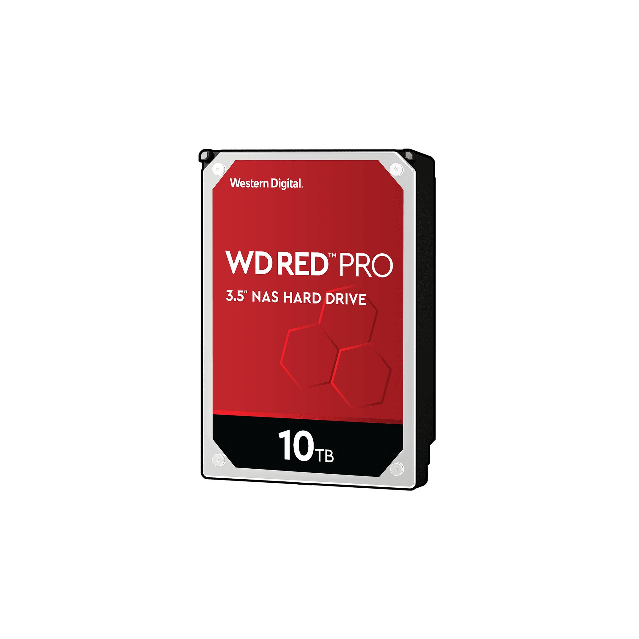 Un disco rigido rosso con l'etichetta WD RED PRO, 10 TB. È un disco rigido NAS da 3,5".
