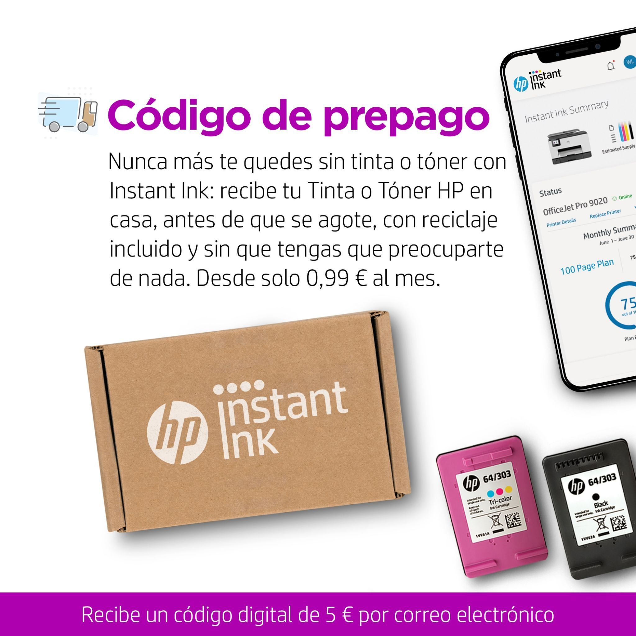 Imagen promocional de HP Instant Ink con cartuchos, caja y un teléfono que muestra los detalles del servicio sobre fondo blanco.