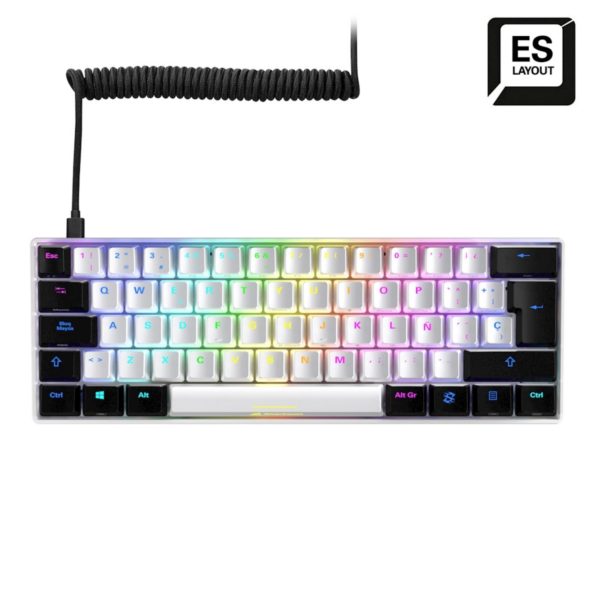 Teclado mecánico blanco con teclas coloridas. Cable en espiral negro. Logotipo de diseño ES arriba a la derecha.