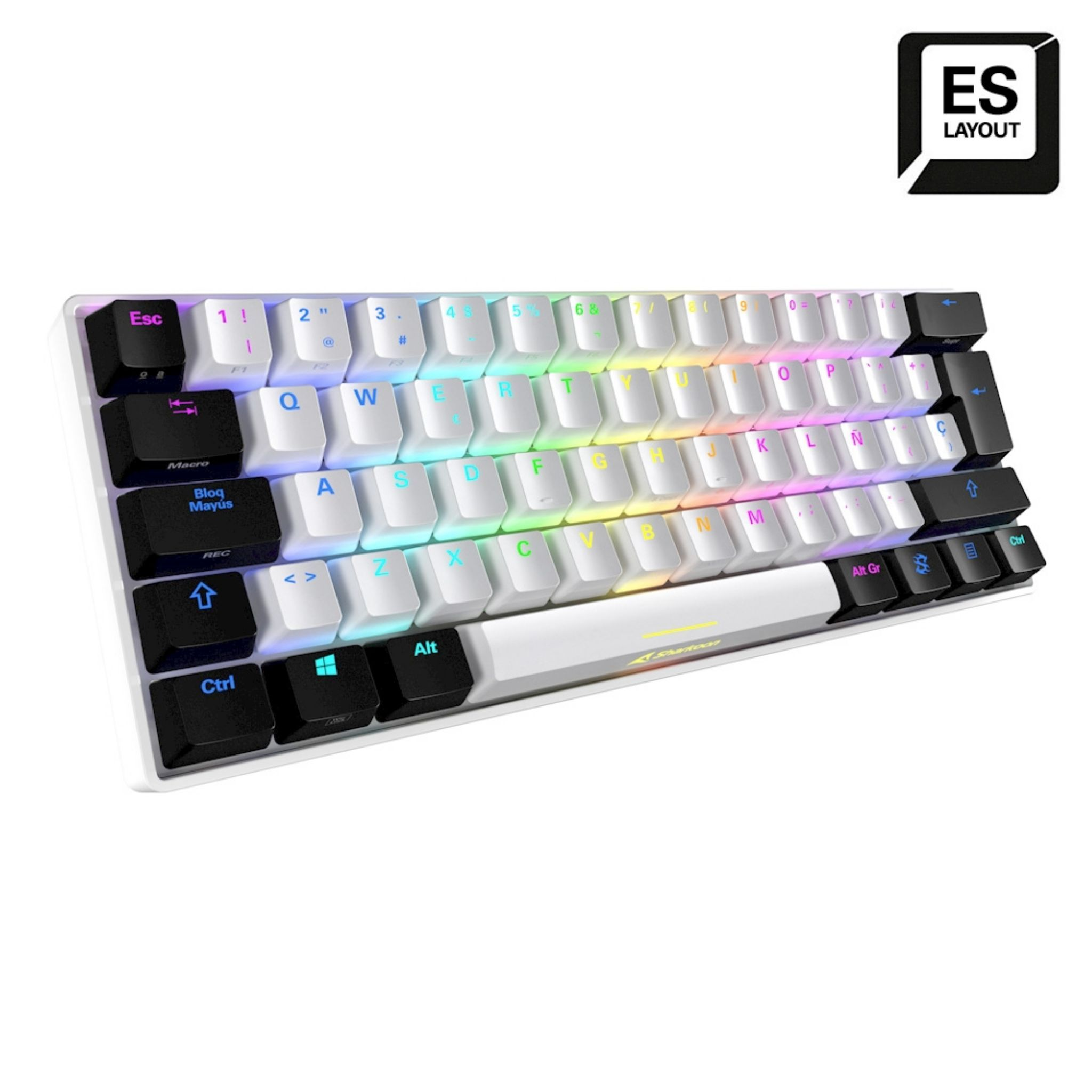 Un teclado blanco con teclas coloridas y una pegatina de diseño ES.