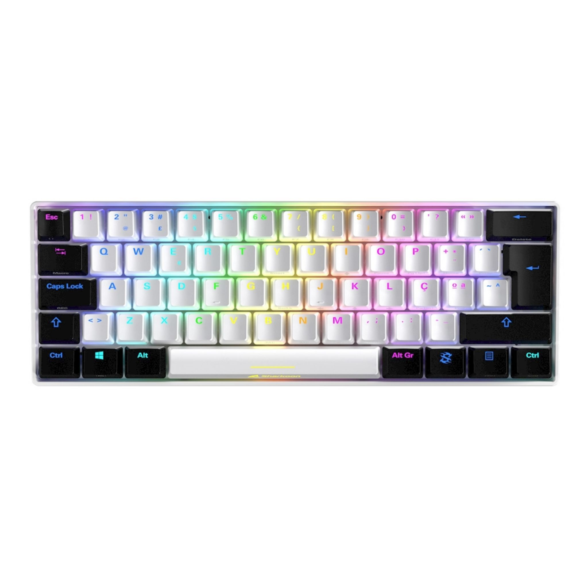 Se muestra un teclado blanco con teclas coloridas. Las teclas tienen varios colores y símbolos.