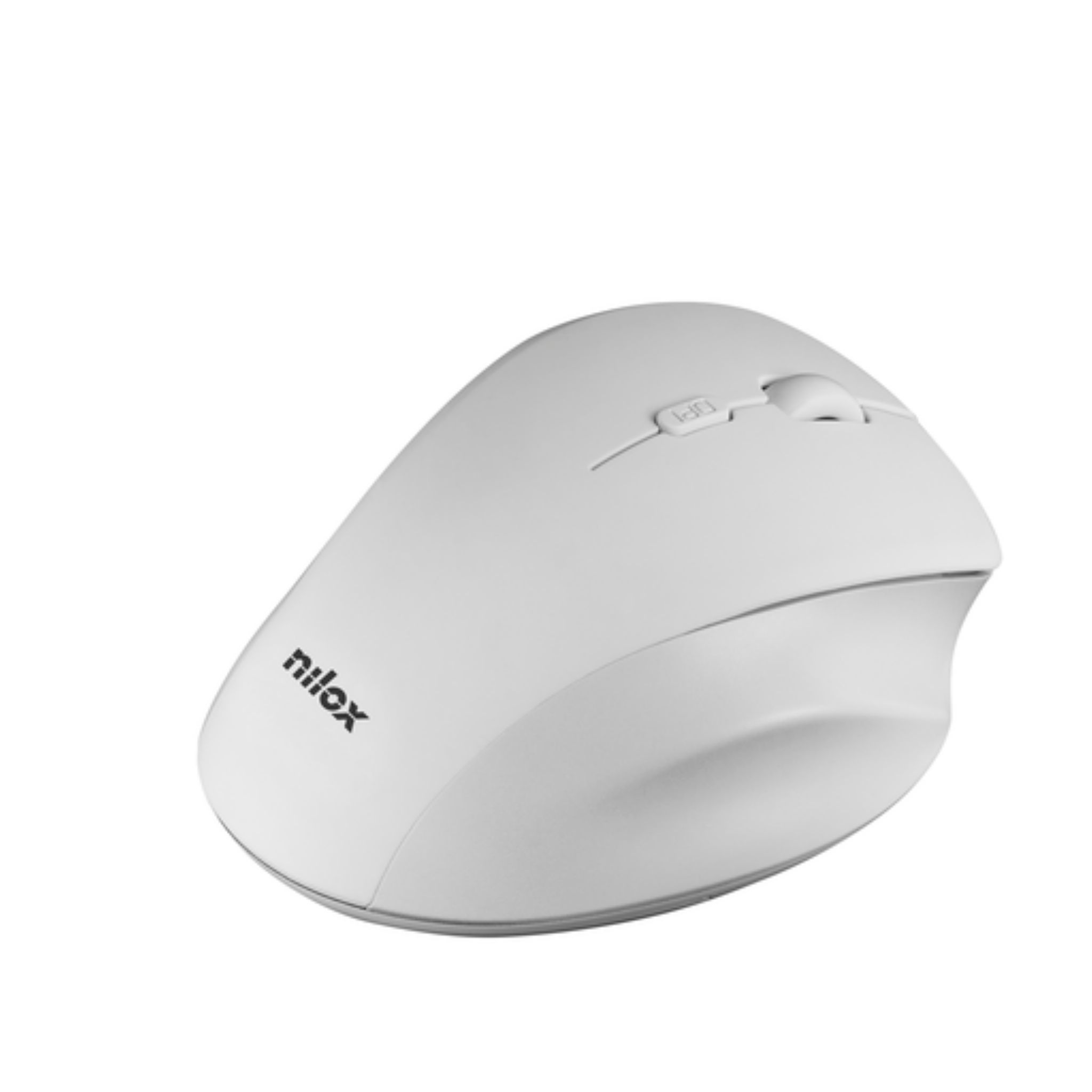 Mouse ergonomico bianco con due pulsanti e una rotella di scorrimento.