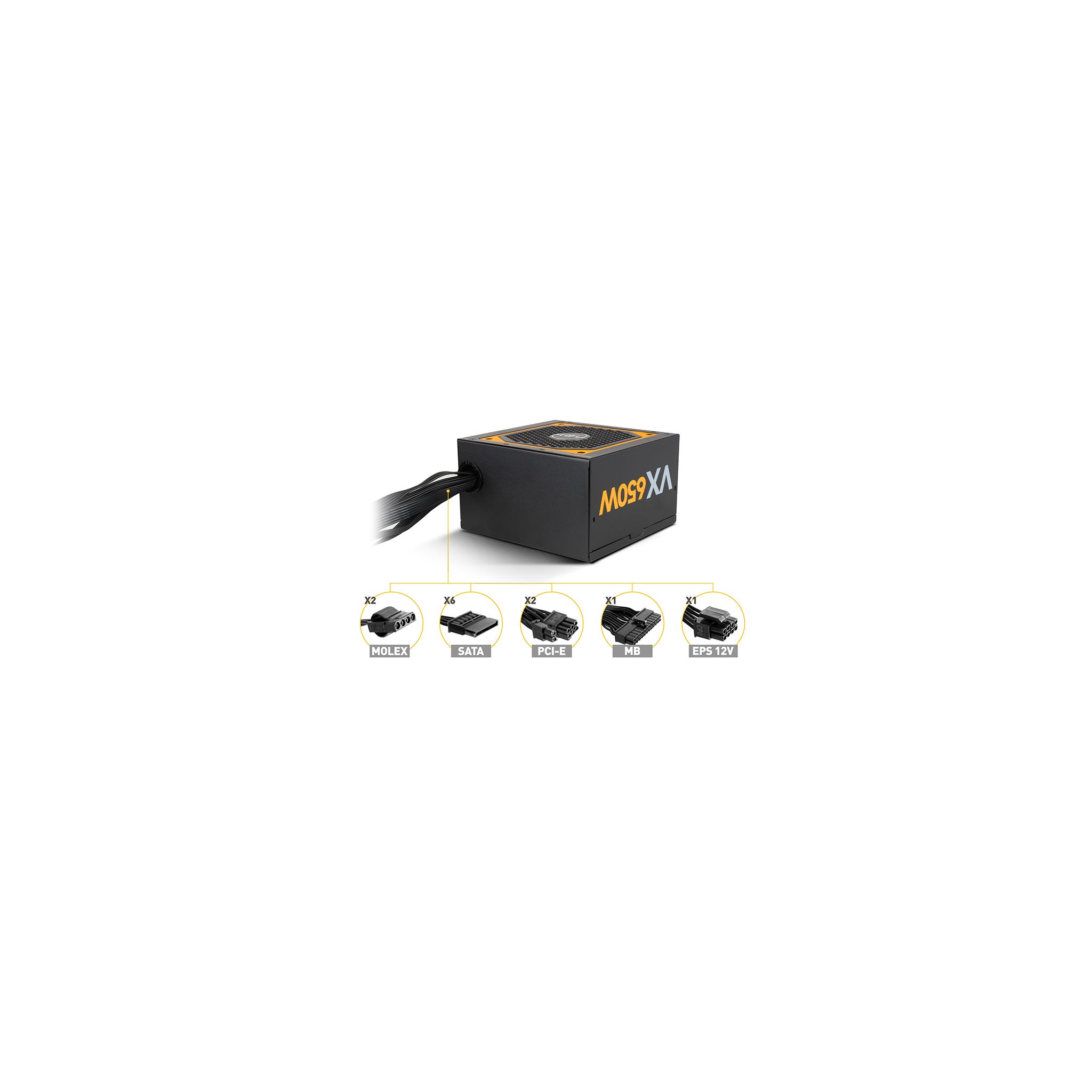 Fuente de alimentación negra con varios conectores. El texto VX650W es visible.