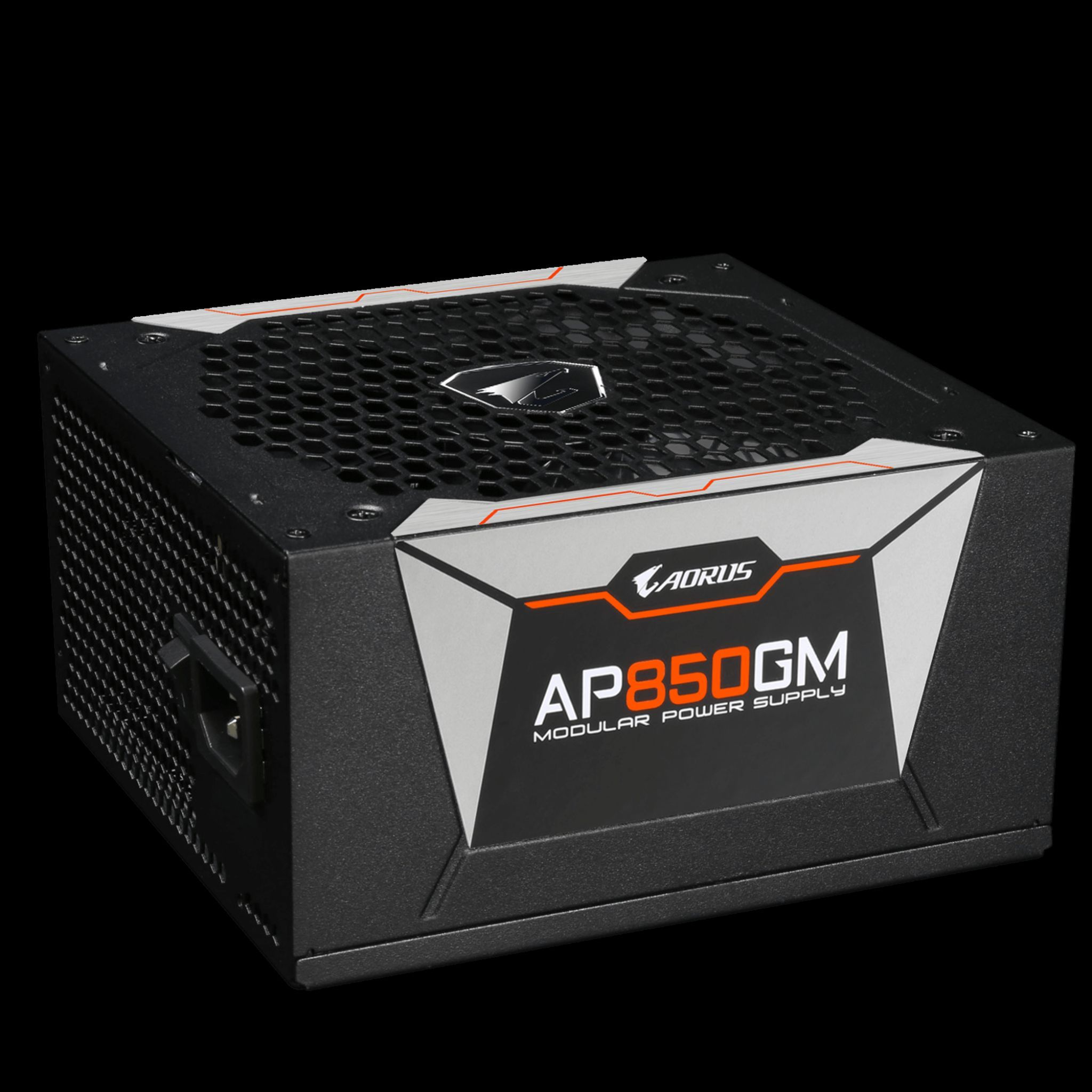 Czarny zasilacz z etykietami 'AORUS' i 'AP850GM'.