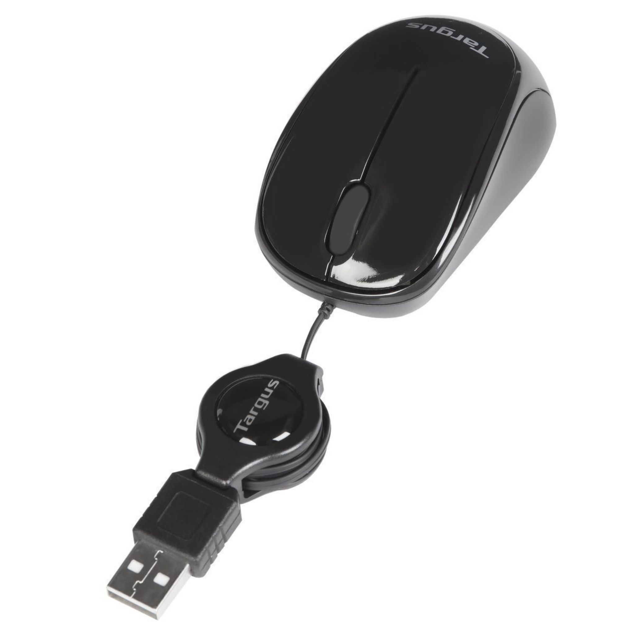 Ratón Targus negro con conector USB y cable negro con el logotipo de Targus.