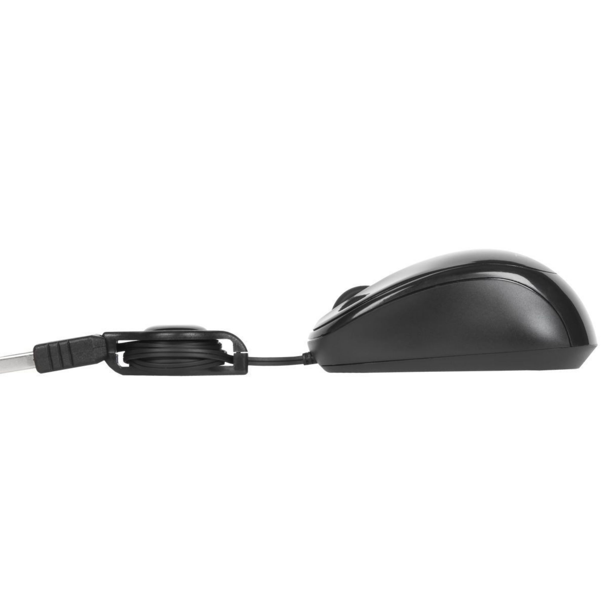 Ratón de ordenador negro con cable y función enrollable. Fondo blanco.