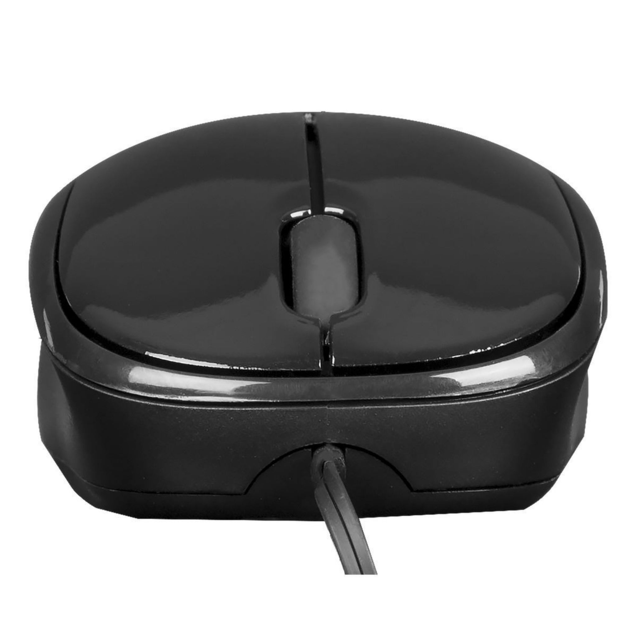 Ratón de ordenador negro. Dos botones y una rueda de desplazamiento. Conexión por cable.
