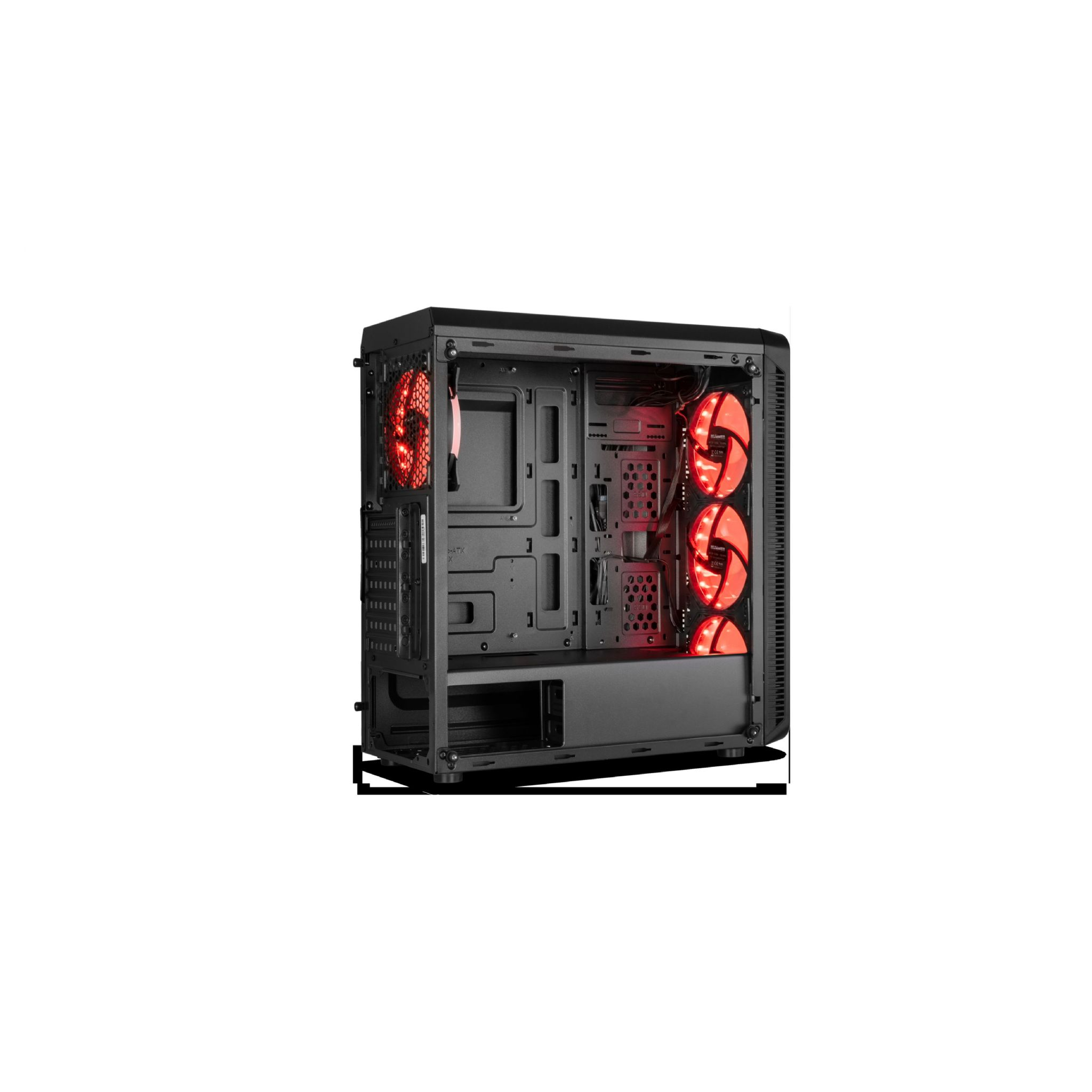 Czarna obudowa komputera z widocznymi czerwonymi wentylatorami w środku, na białym tle.