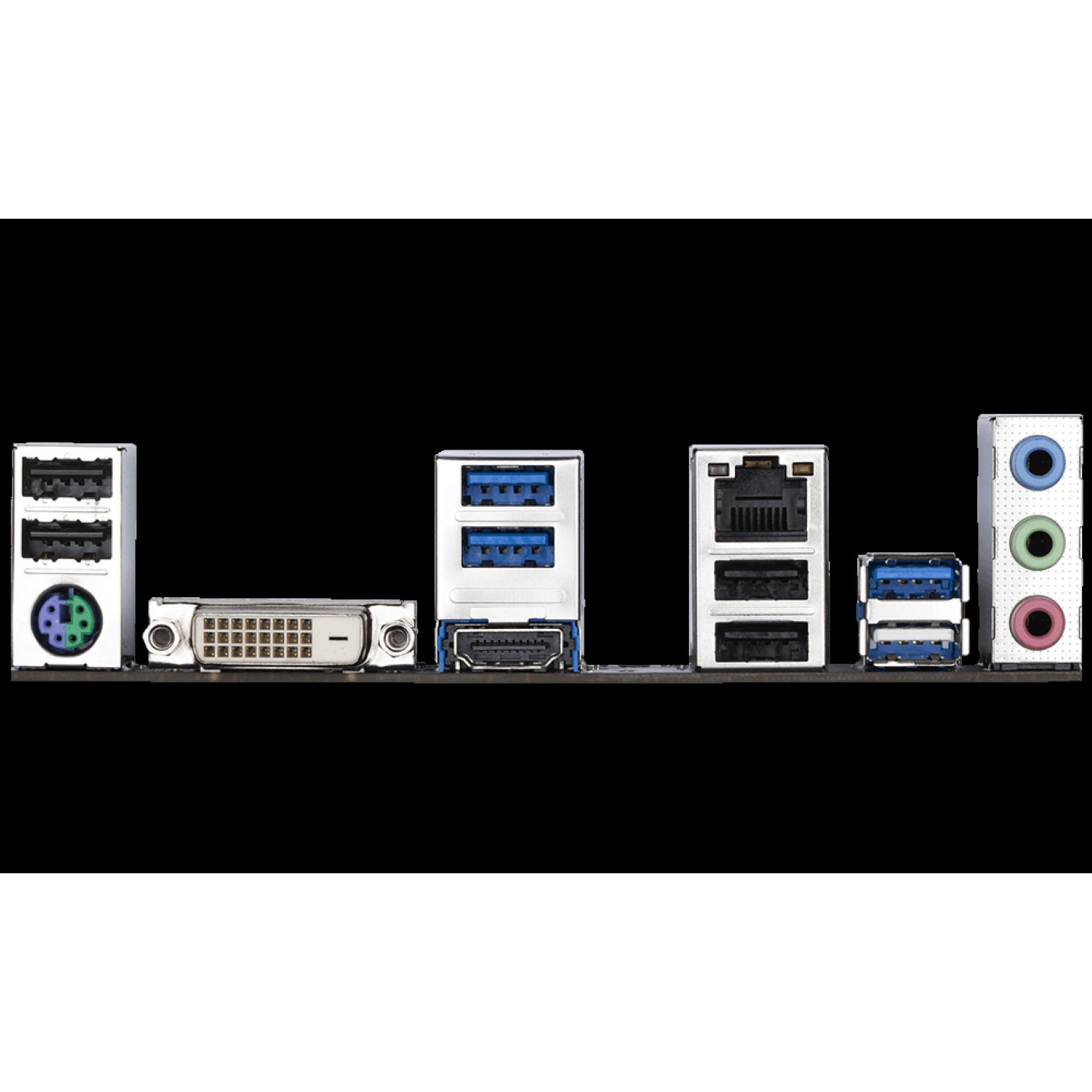 Panel tylny płyty głównej komputera z różnymi portami, w tym USB, audio i wideo.