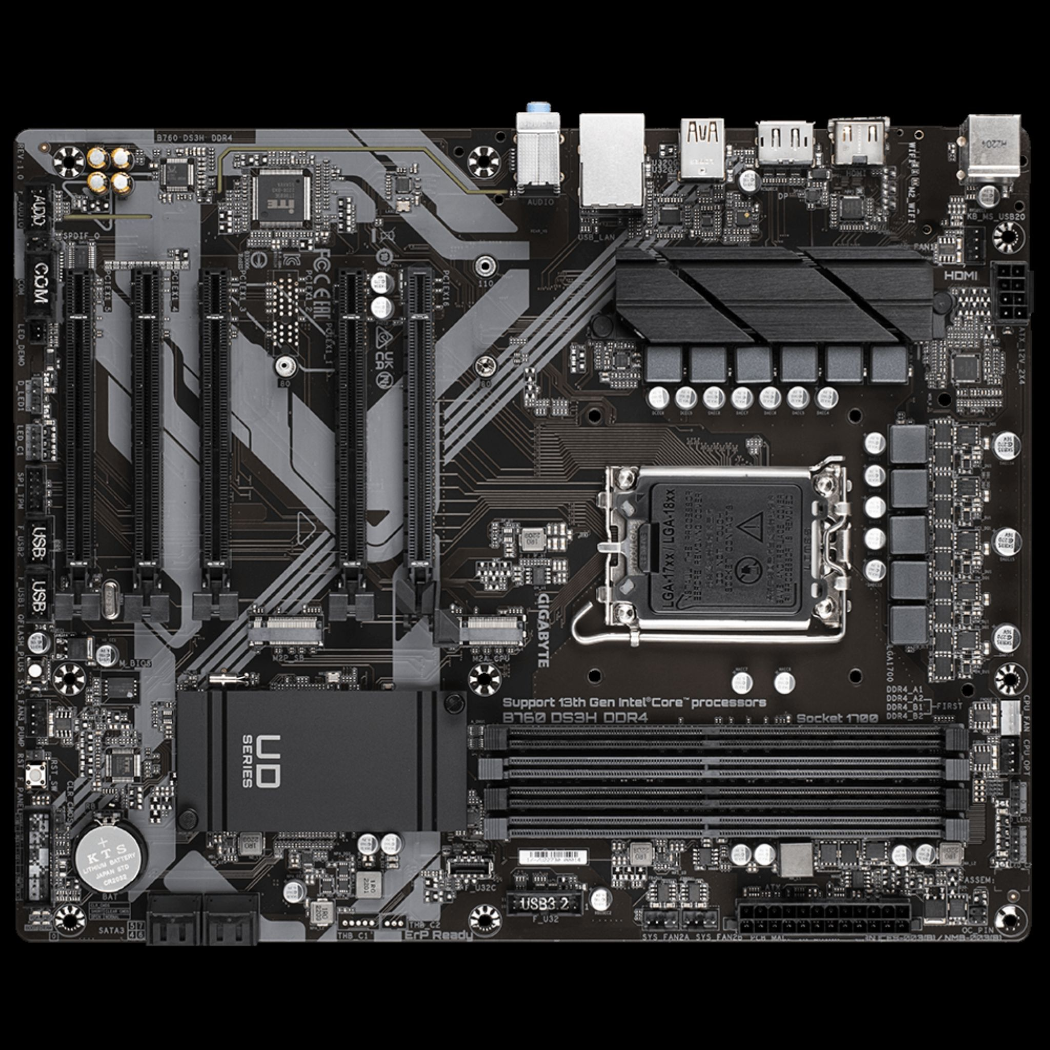 Schwarzes Motherboard. Es hat viele Anschlüsse und Steckplätze. Graue und schwarze Farben.