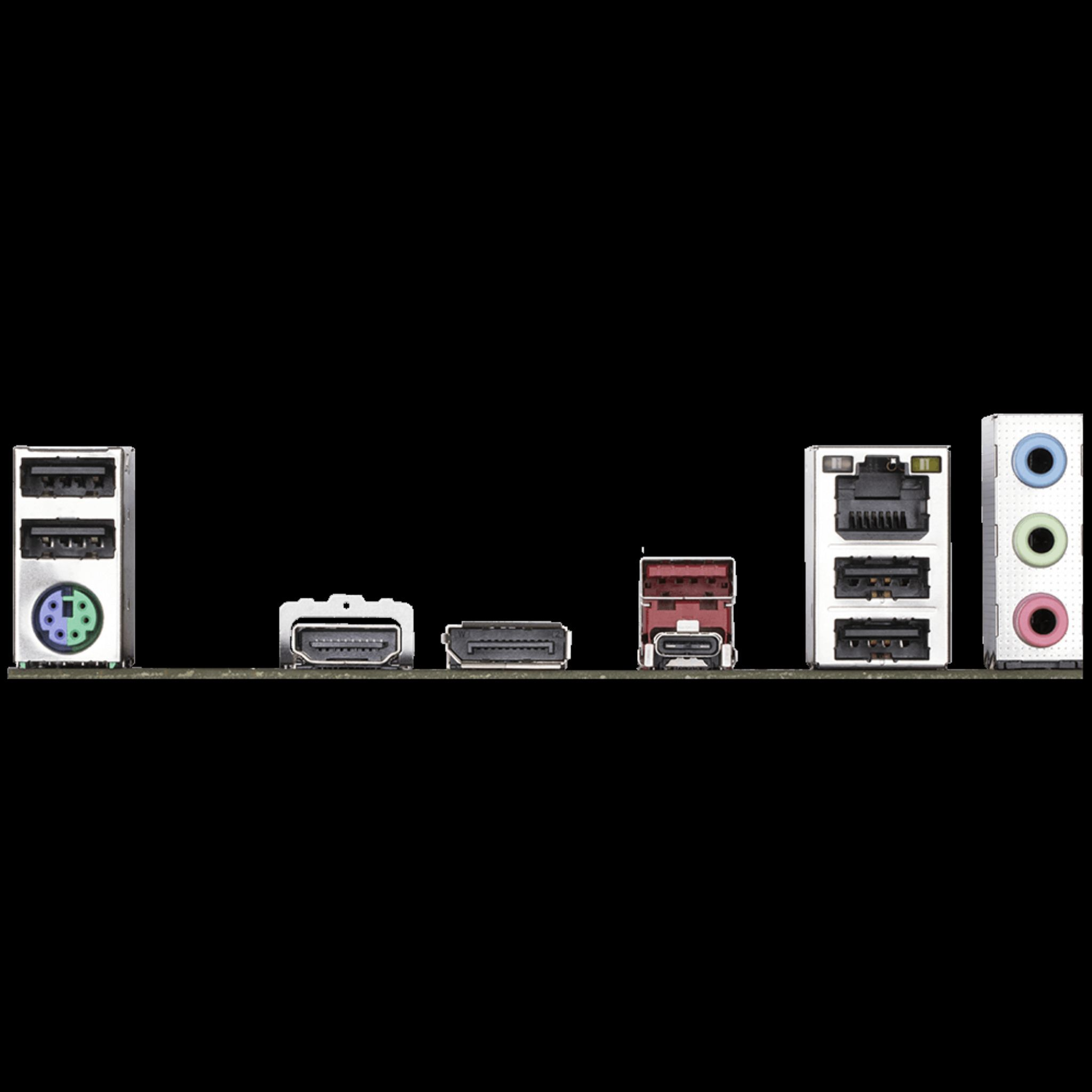 Rückwand eines Computers mit Anschlüssen. Schwarzer Hintergrund.