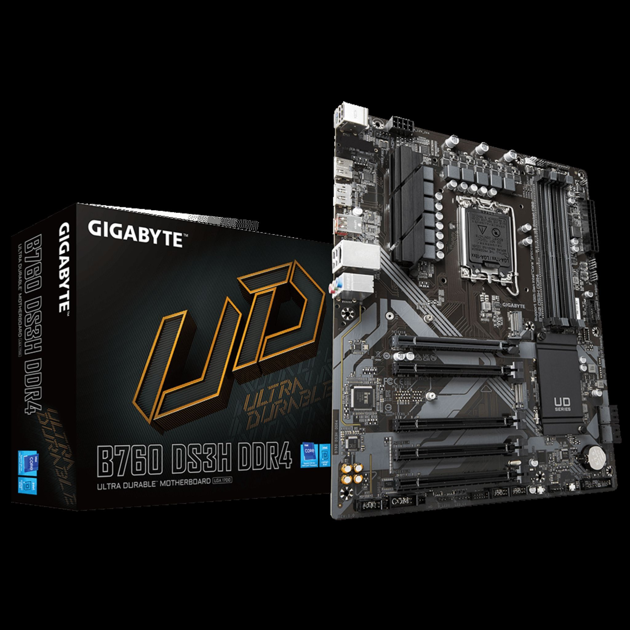 Ein Motherboard und seine Box. Beide sind schwarz und silber. Die Box hat Text und ein Logo.