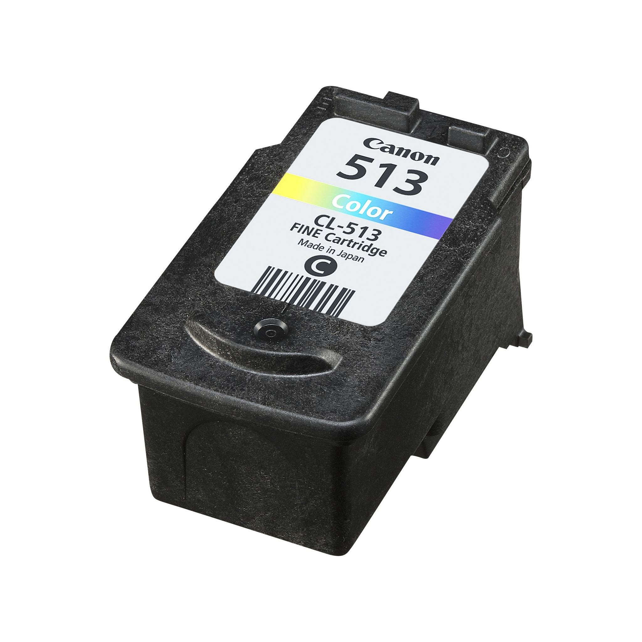 Een Canon CL-513 kleureninktcartridge met een wit etiket en kleurrijke inktindicatoren.