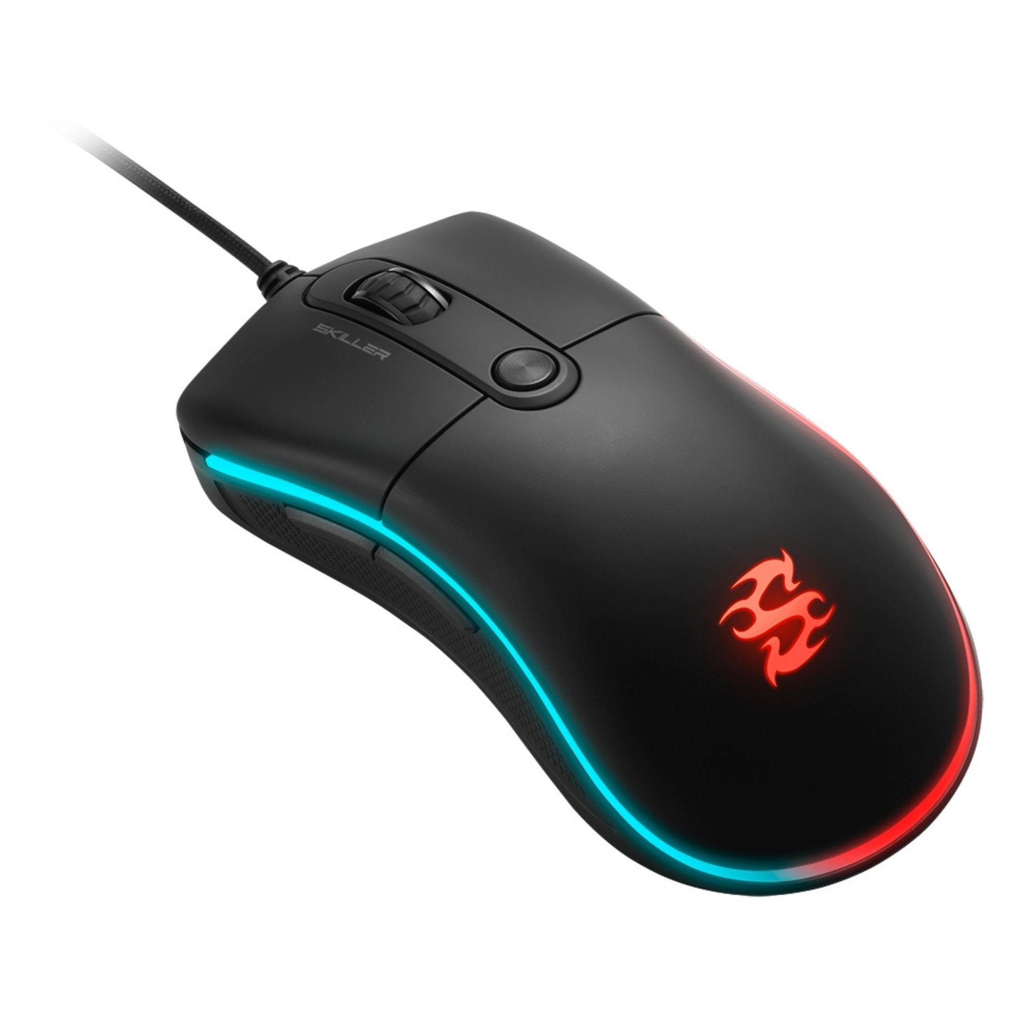 Black gaming mouse with blue and red lighting, black cable, white background.