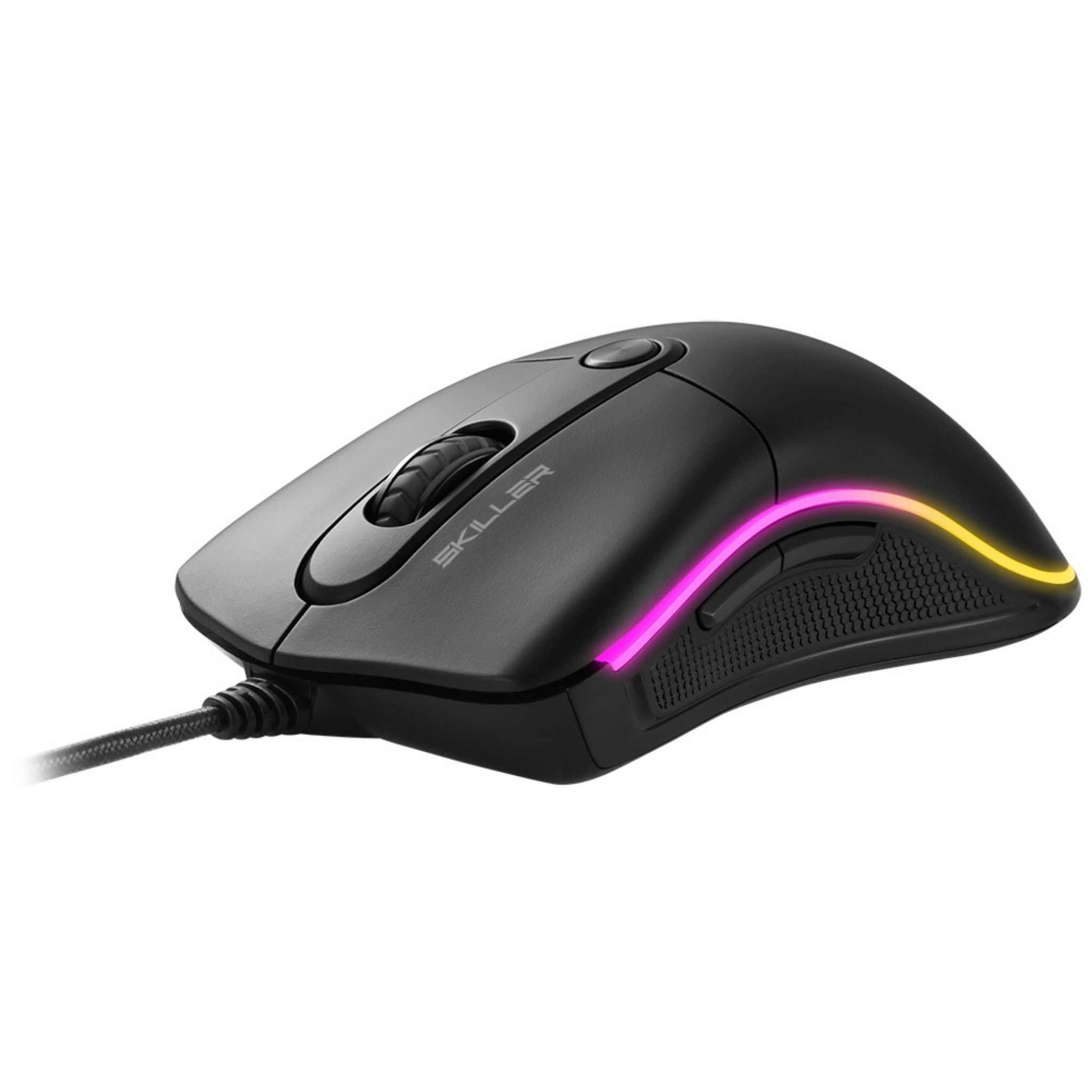 Schwarze Gaming-Maus. Scrollrad, Tasten und RGB-Beleuchtung. Auf weißer Oberfläche.
