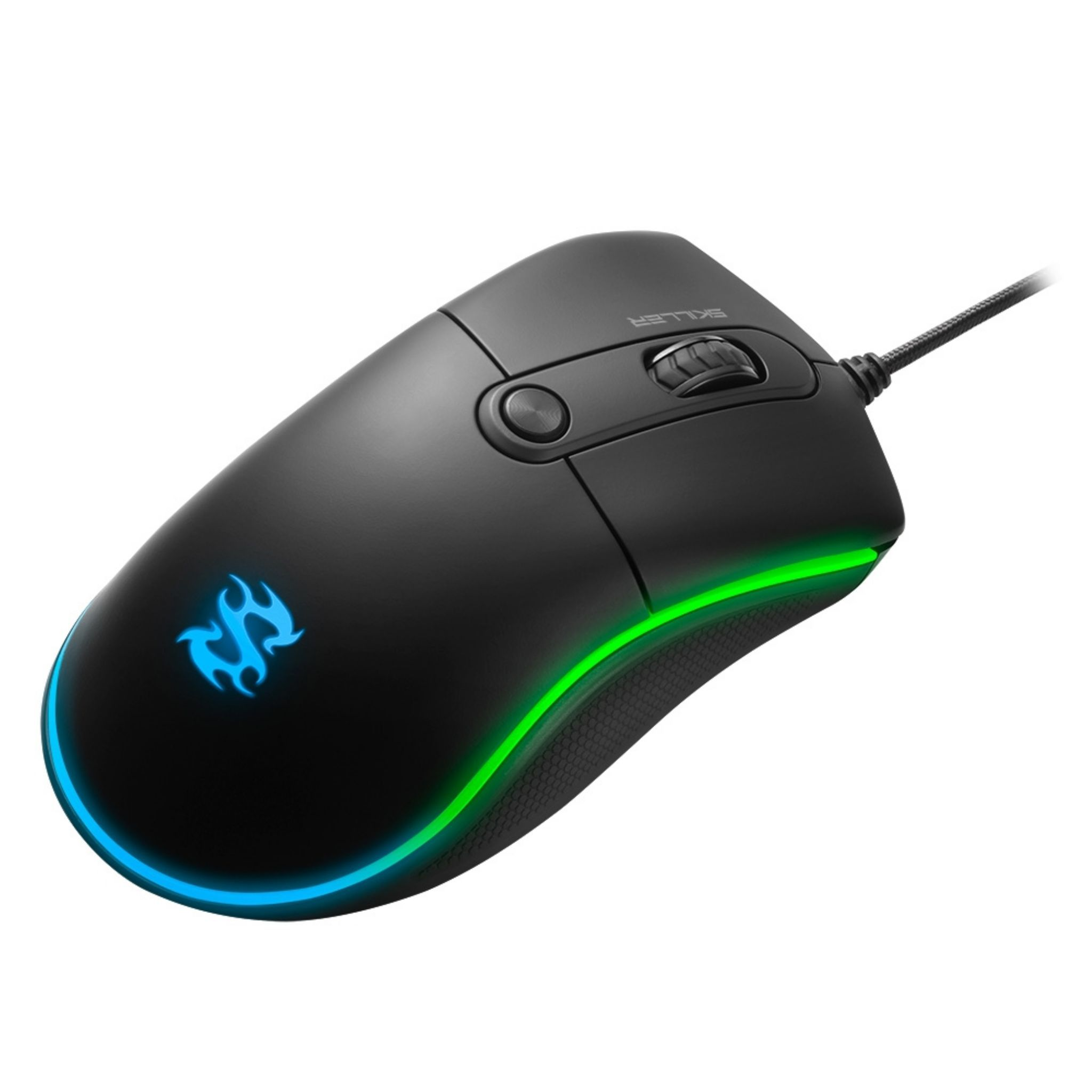 Black gaming mouse with blue and green LED lights and the word 'SKILLER' on it.