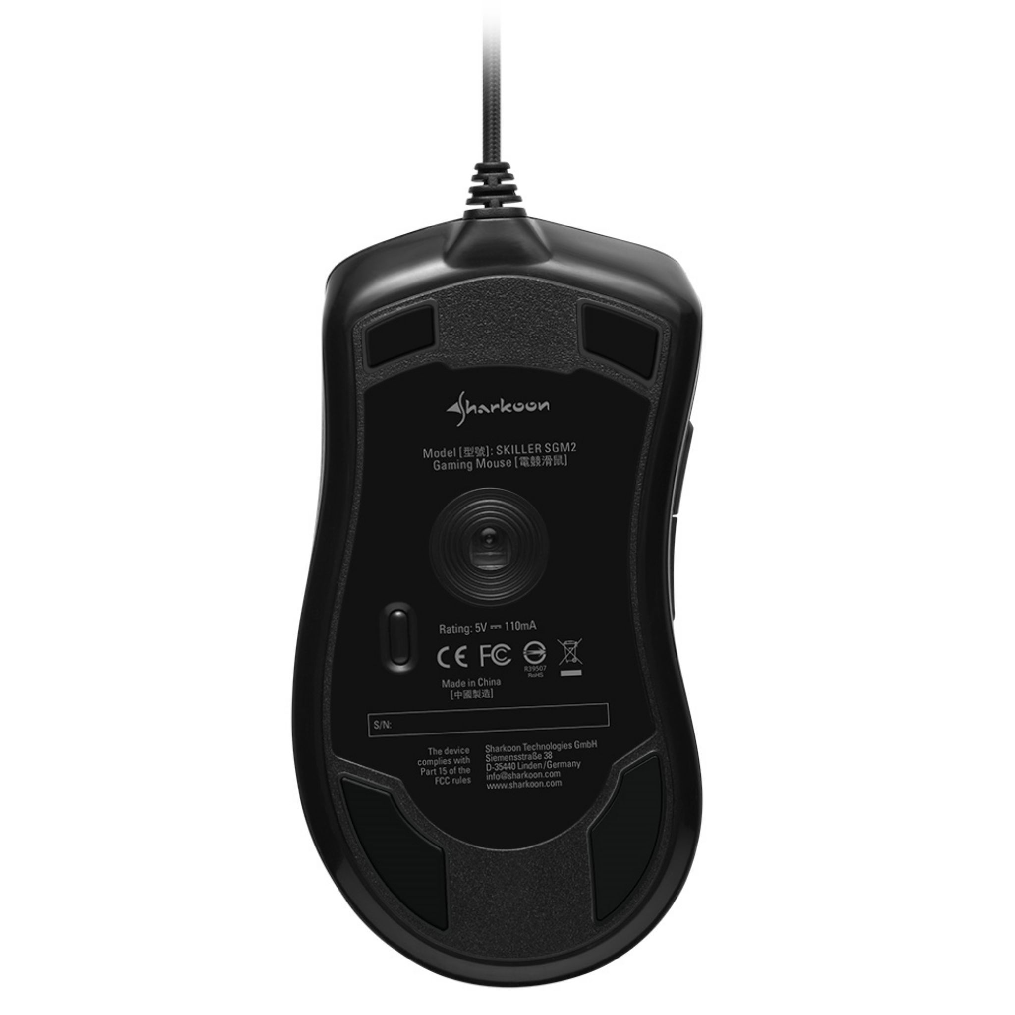 Black computer mouse, bottom view.