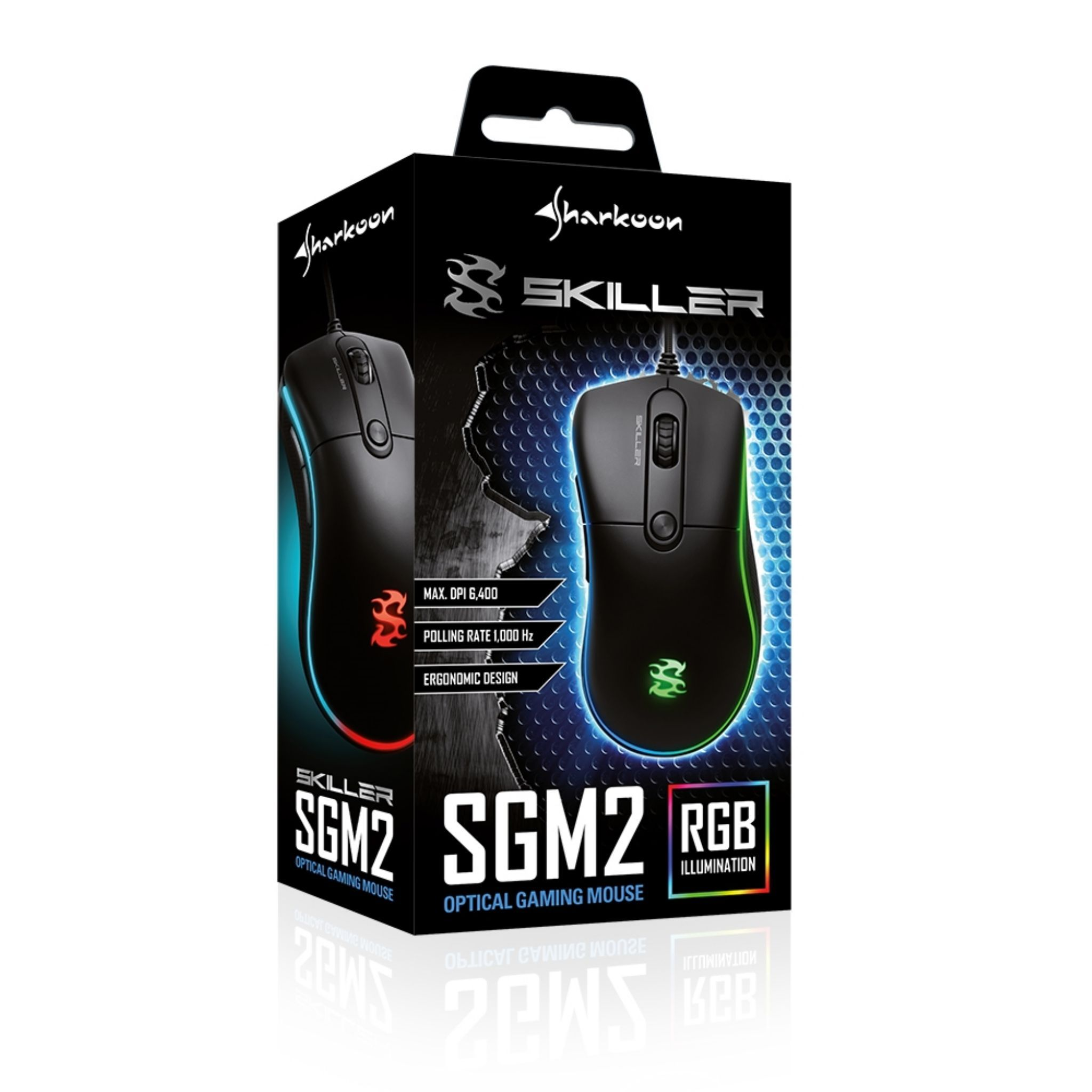 A black gaming mouse in a box. The mouse has RGB lights. The box shows the mouse and features. White background.