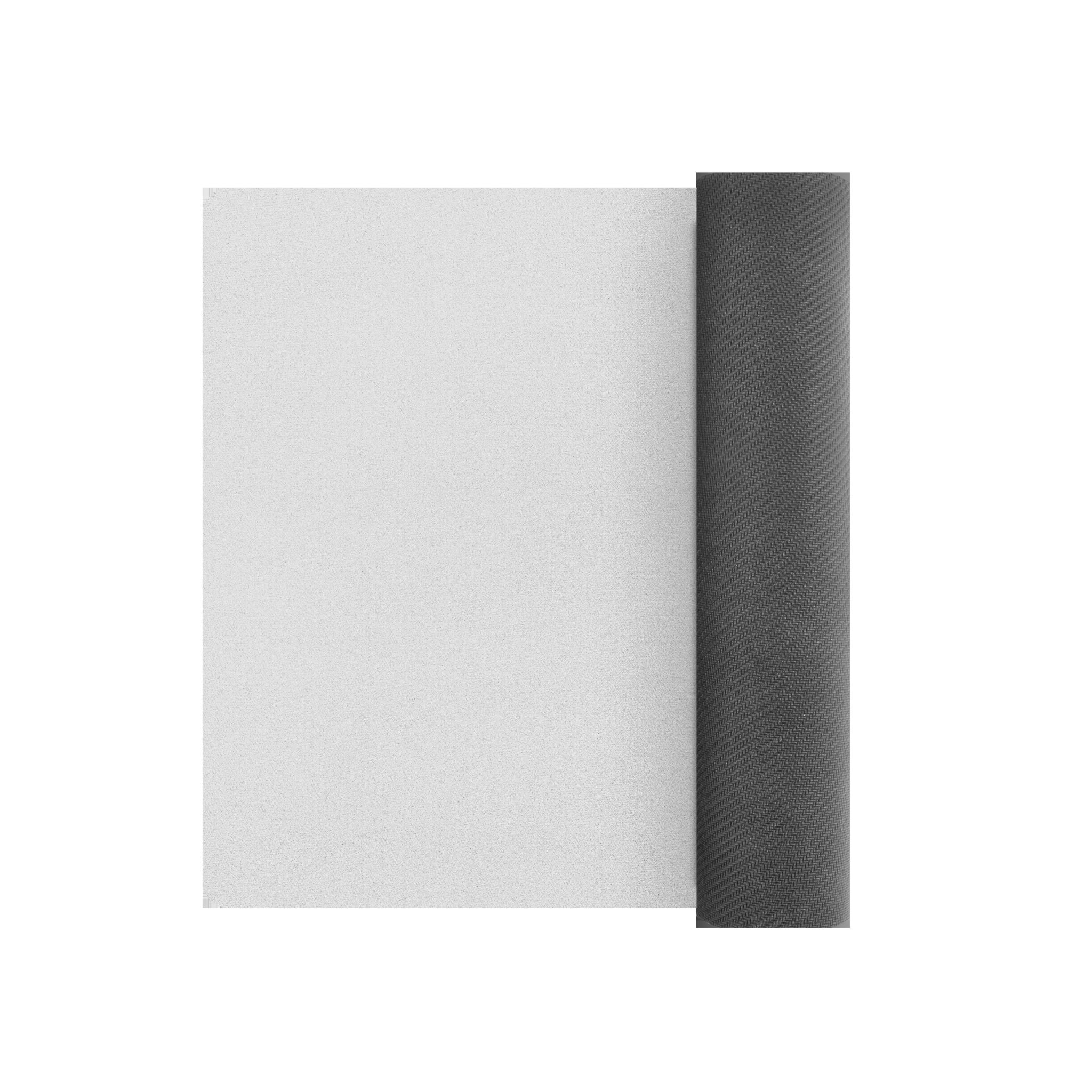 Alfombrilla de ratón gris enrollada con superficie blanca. Los bordes son negros y sobre fondo blanco.