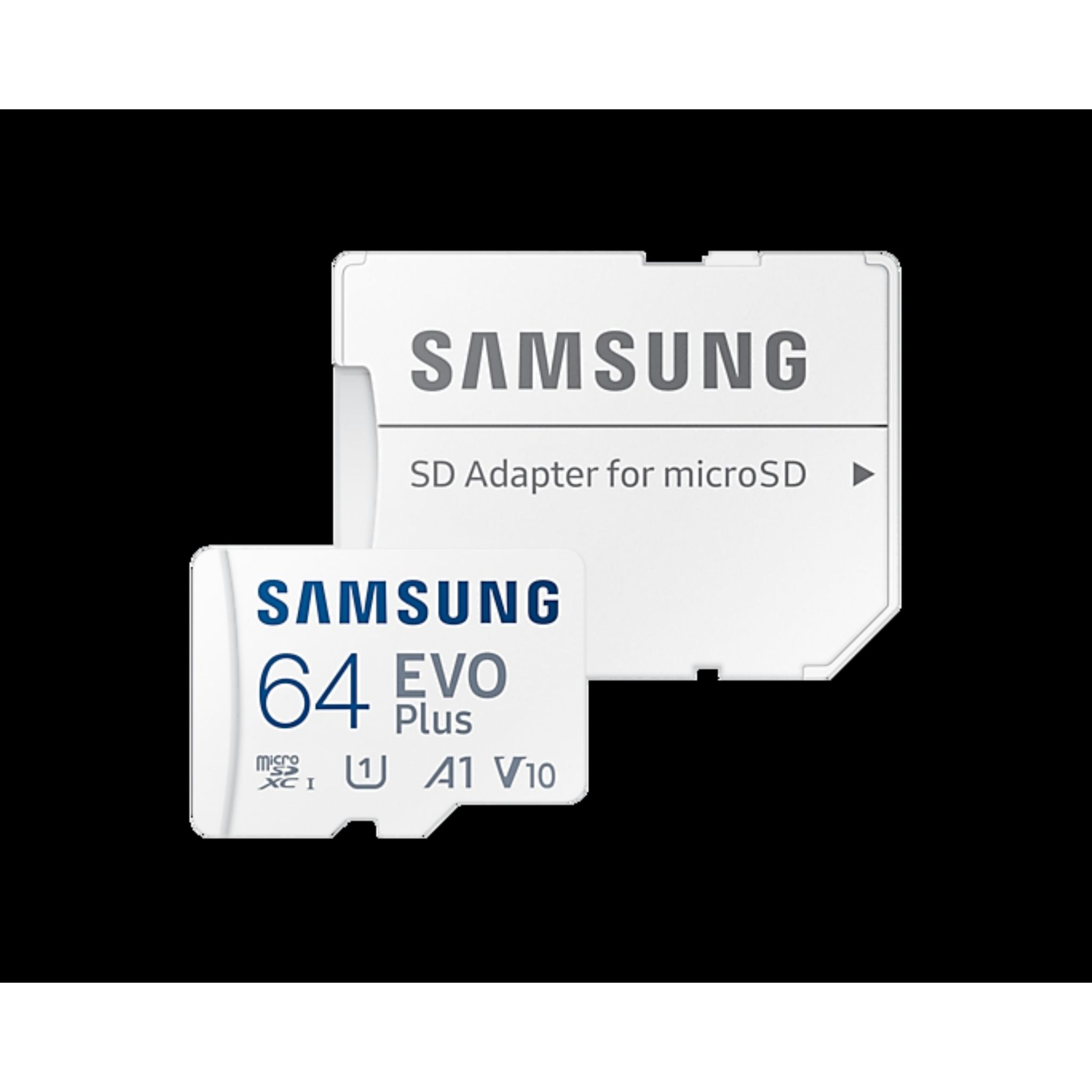 Una tarjeta SD Samsung blanca con adaptador microSD sobre fondo negro.