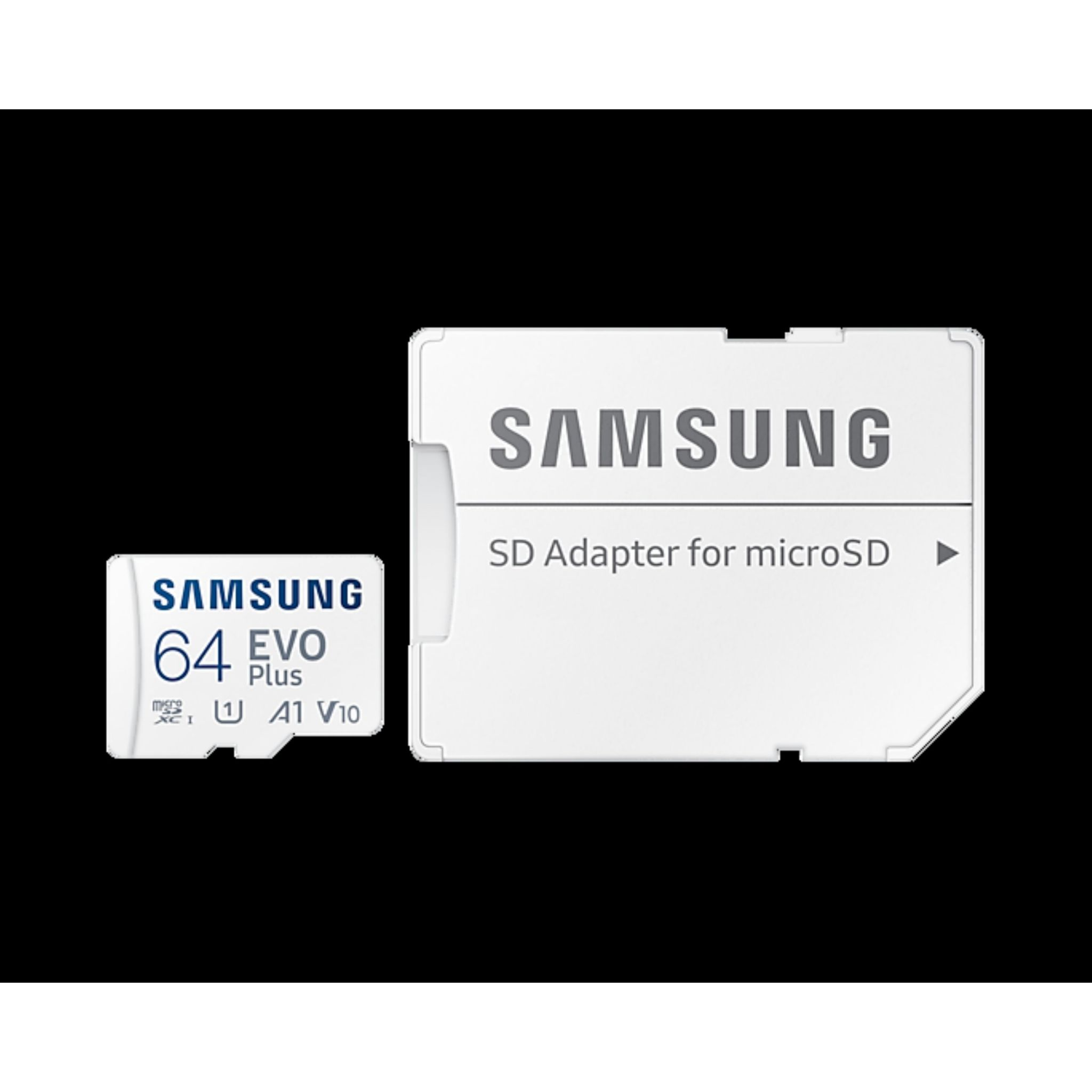 Adaptador de tarjeta SD blanco con tarjeta microSD de 64GB. Sobre fondo negro.