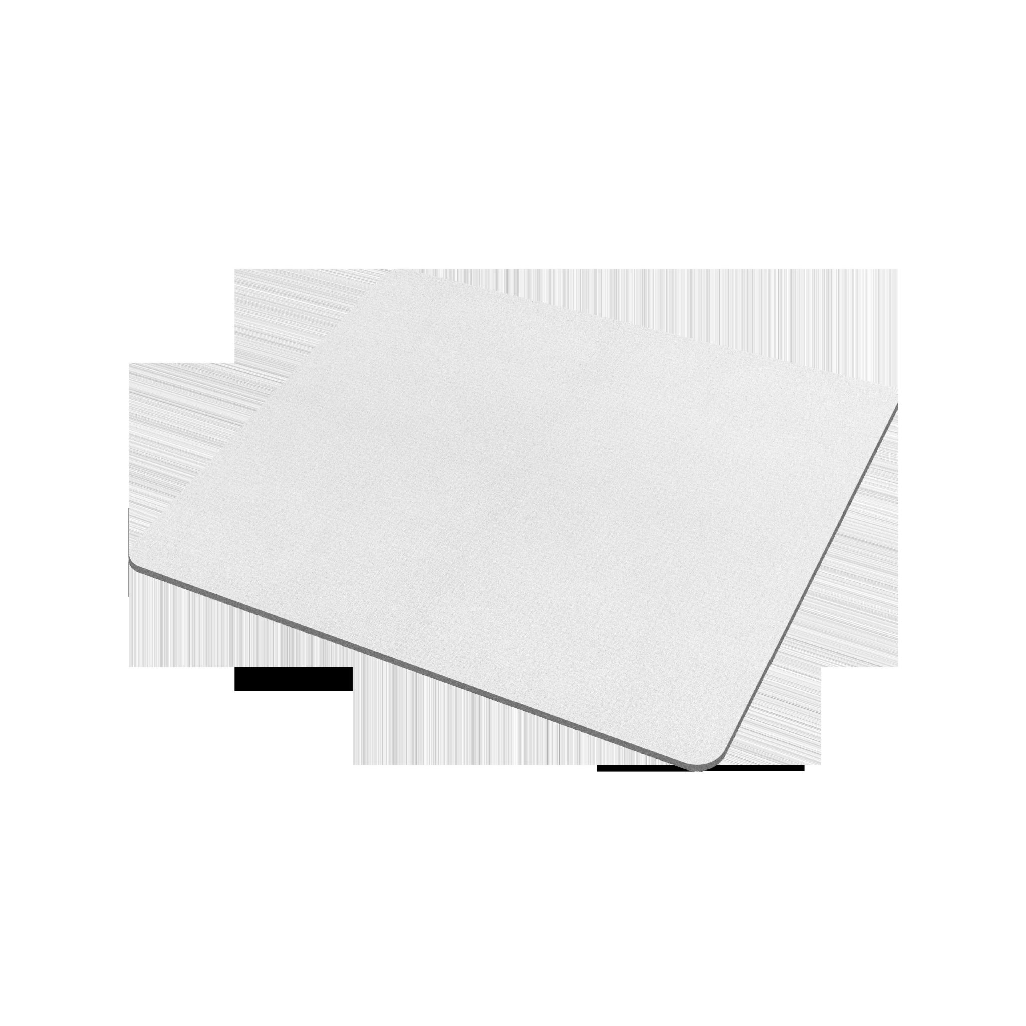 Alfombrilla blanca con borde gris oscuro sobre fondo blanco.