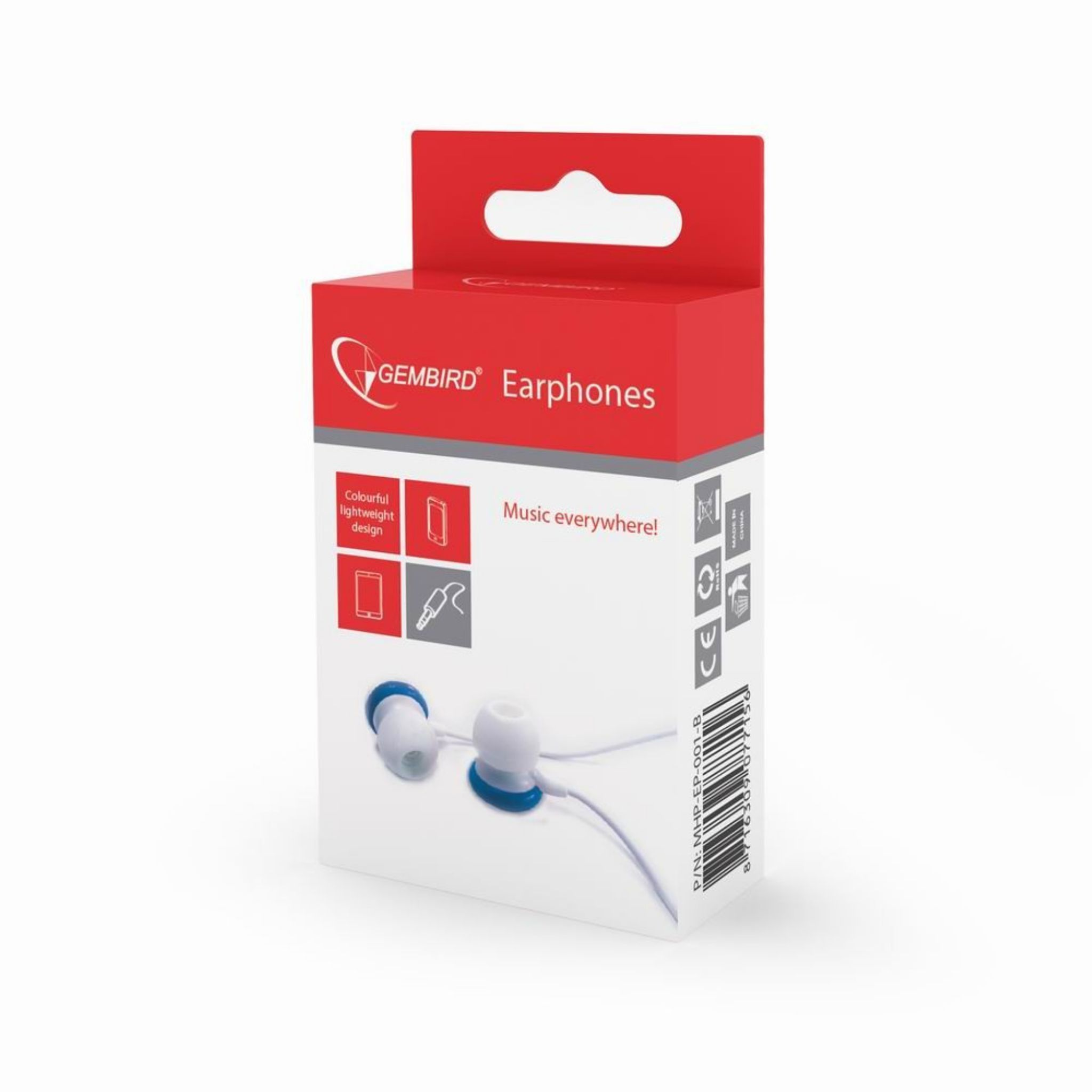Caja de auriculares. Caja roja con fondo blanco. Auriculares blancos y azules. Marca Gembird.