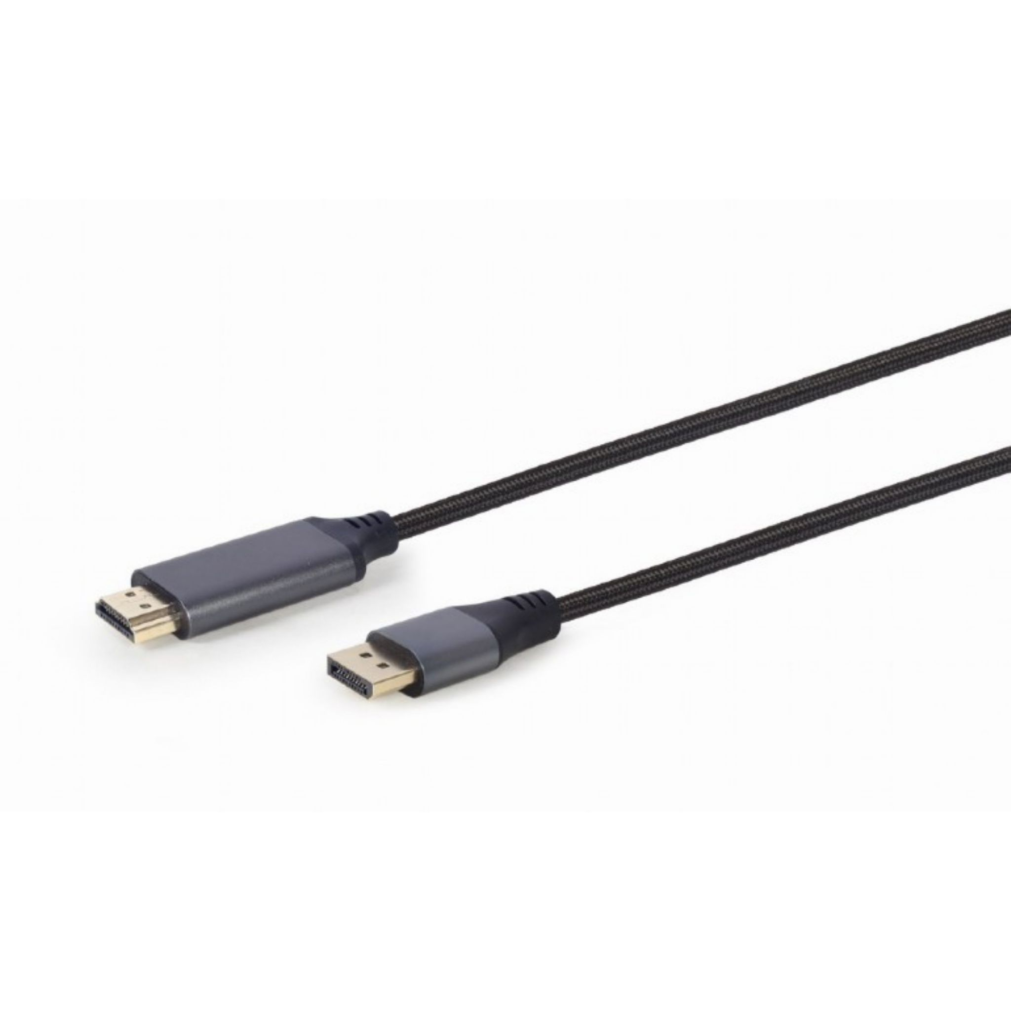 Cable HDMI negro con conectores, aislado en blanco. El cable está enrollado.