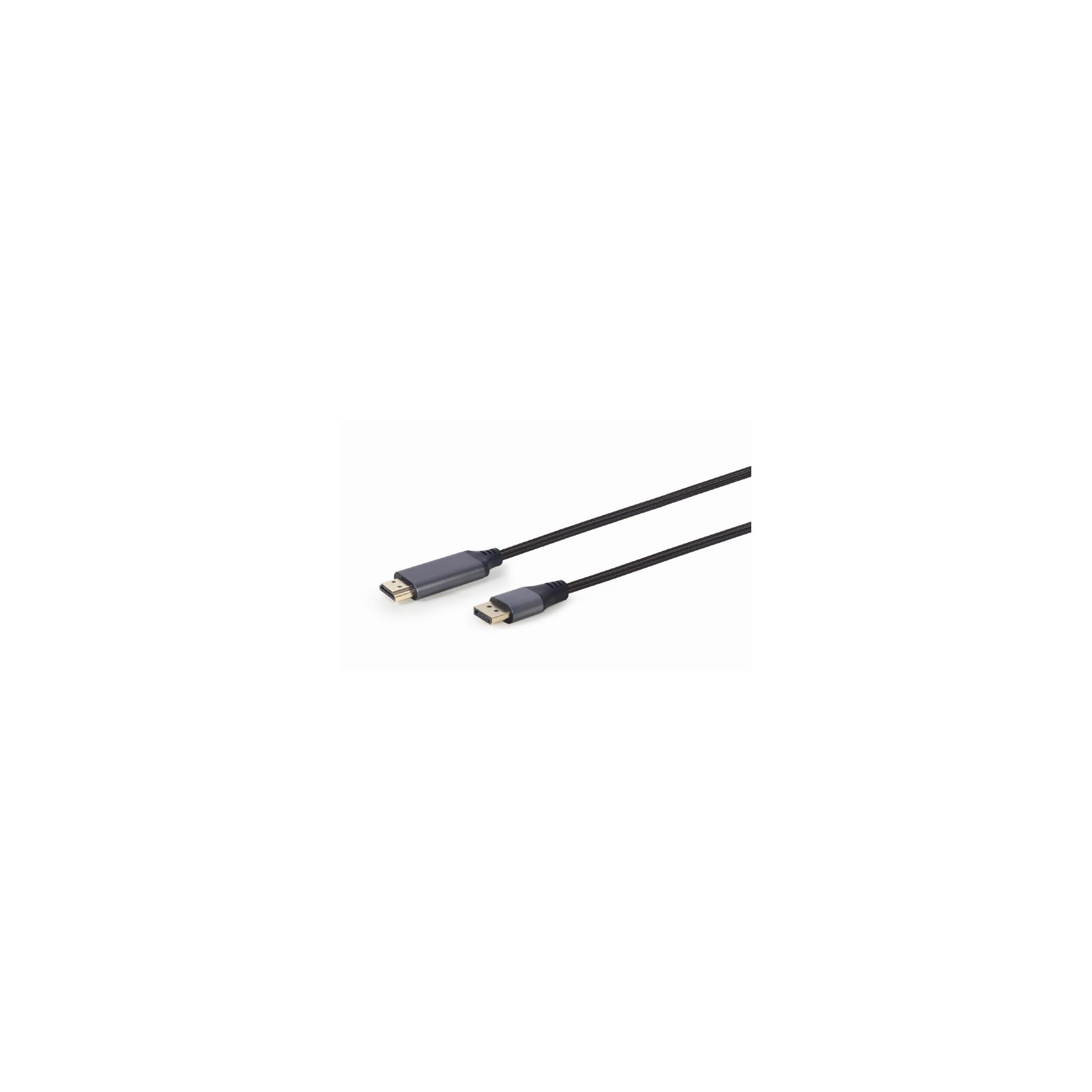 Cable HDMI negro con conectores grises.