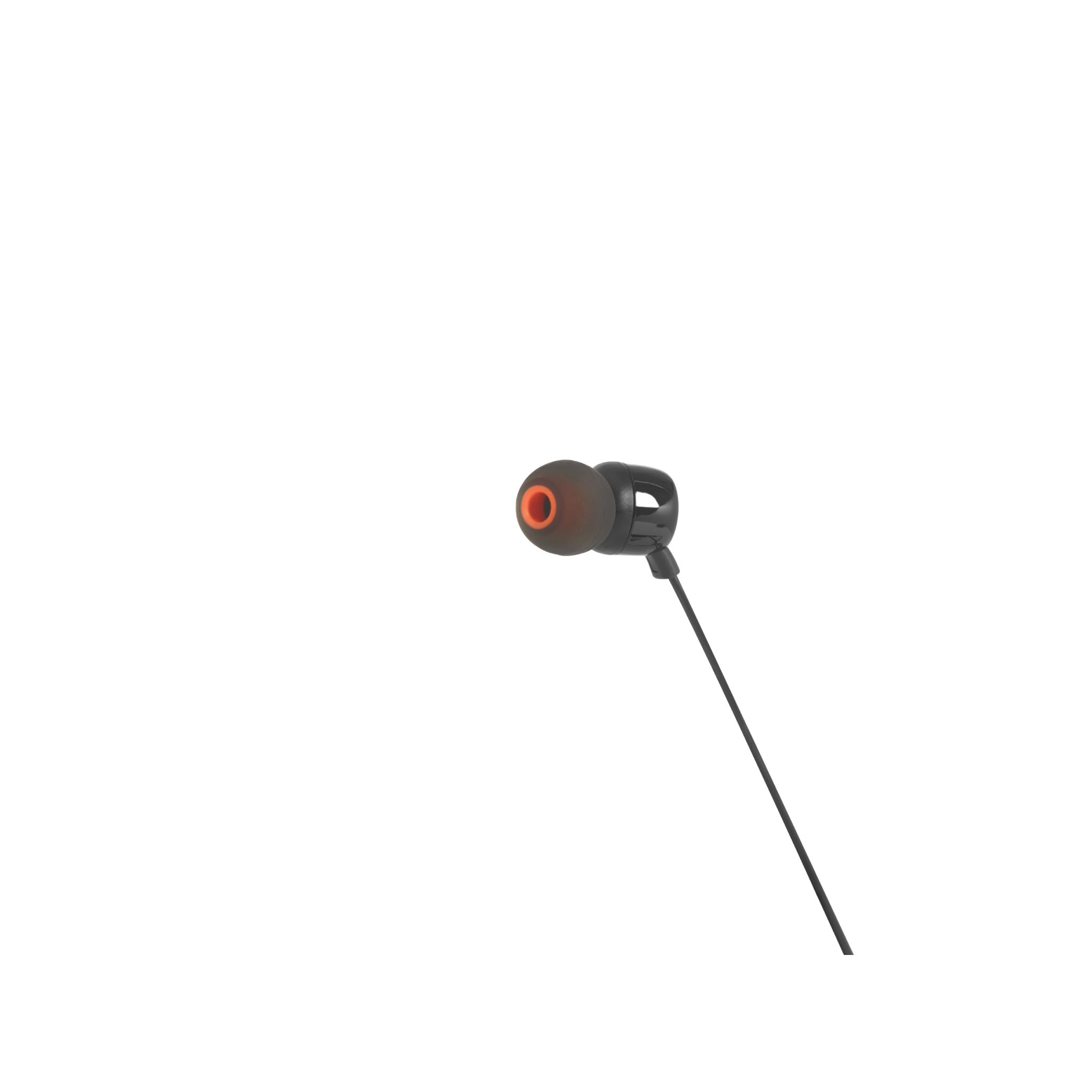 Ein einzelner schwarzer Ohrhörer mit orangefarbener Ohrspitze und einem schwarzen Kabel.