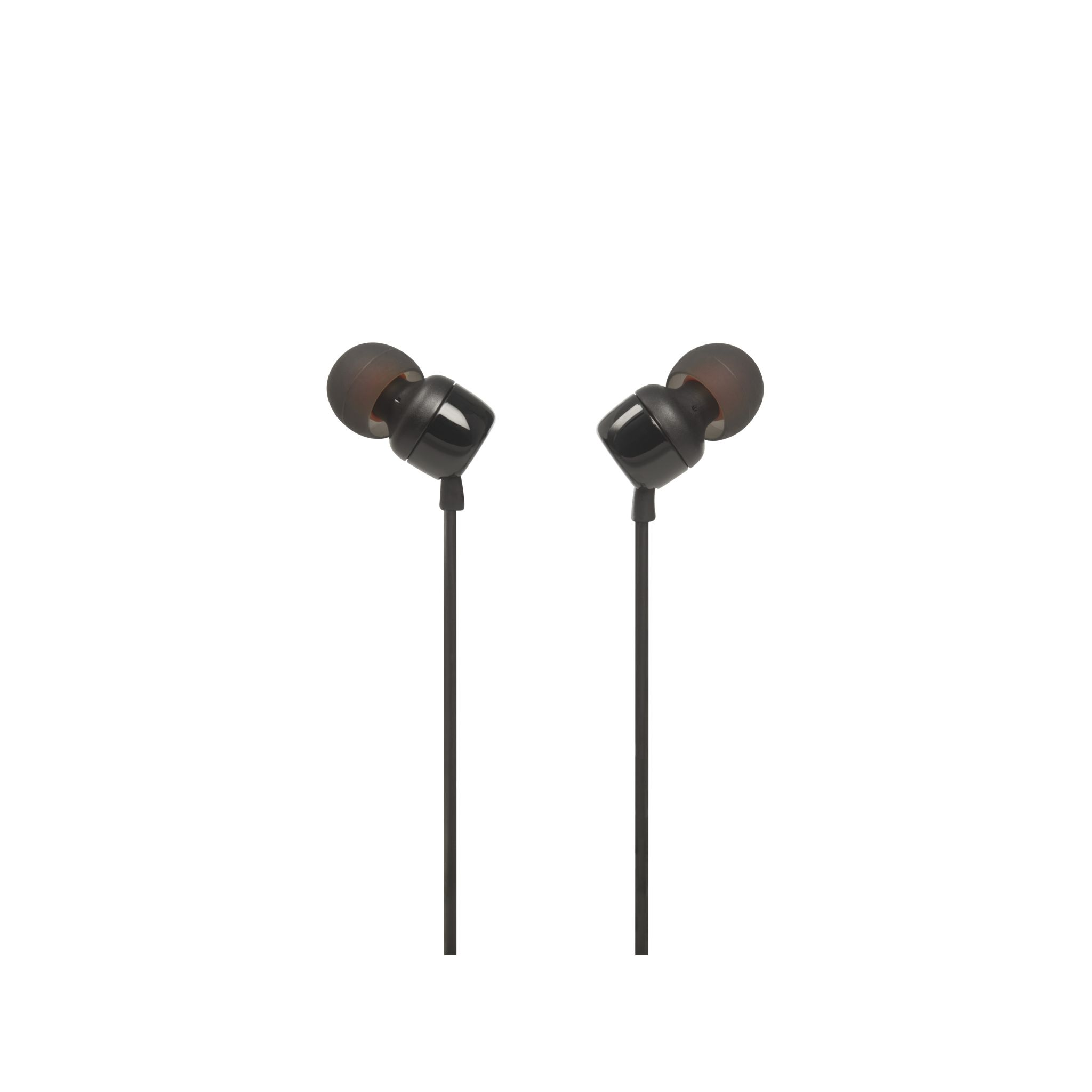 Schwarze In-Ear-Kopfhörer mit dunkelgrauen Ohrstöpseln, schwarze Kabel vor weißem Hintergrund.