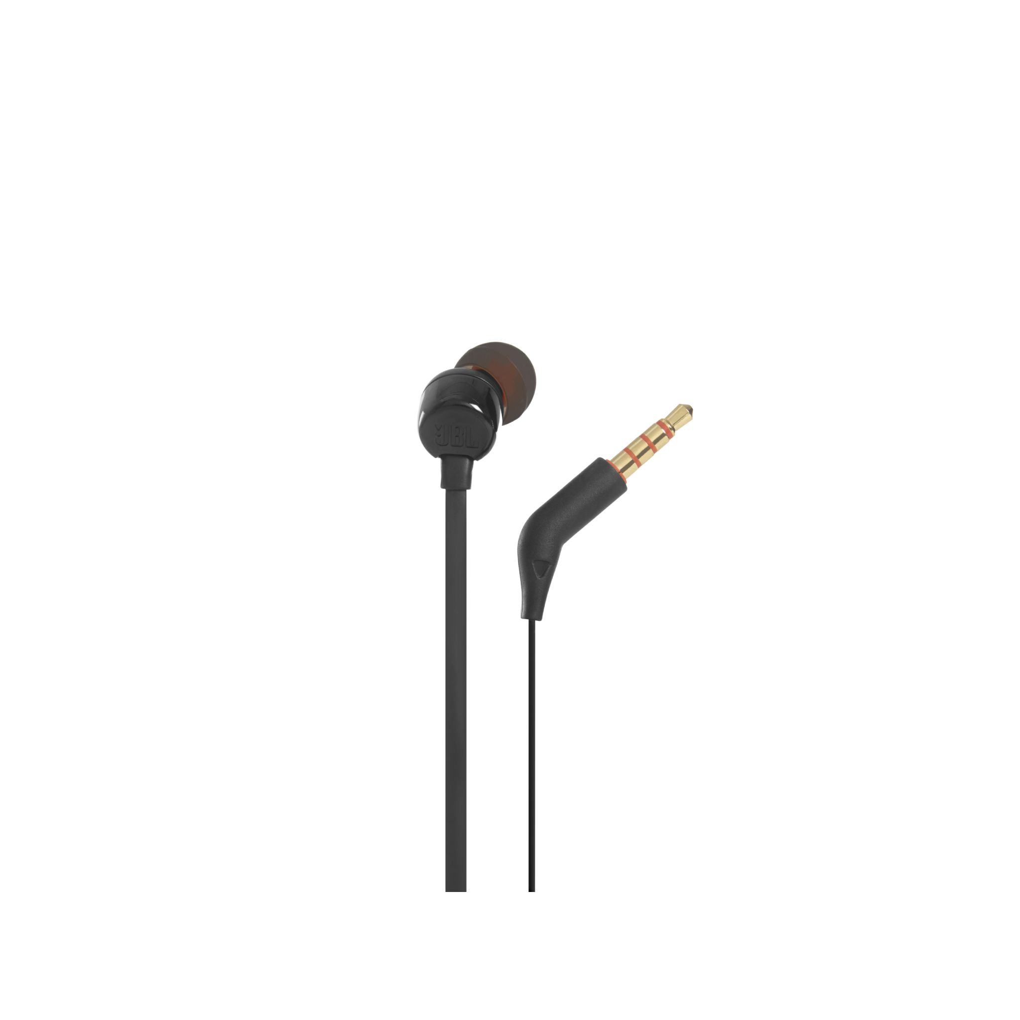 Ein Paar schwarze JBL-Kopfhörer mit gewinkeltem Stecker. Das Kabel ist schwarz. Der Hintergrund ist weiß.